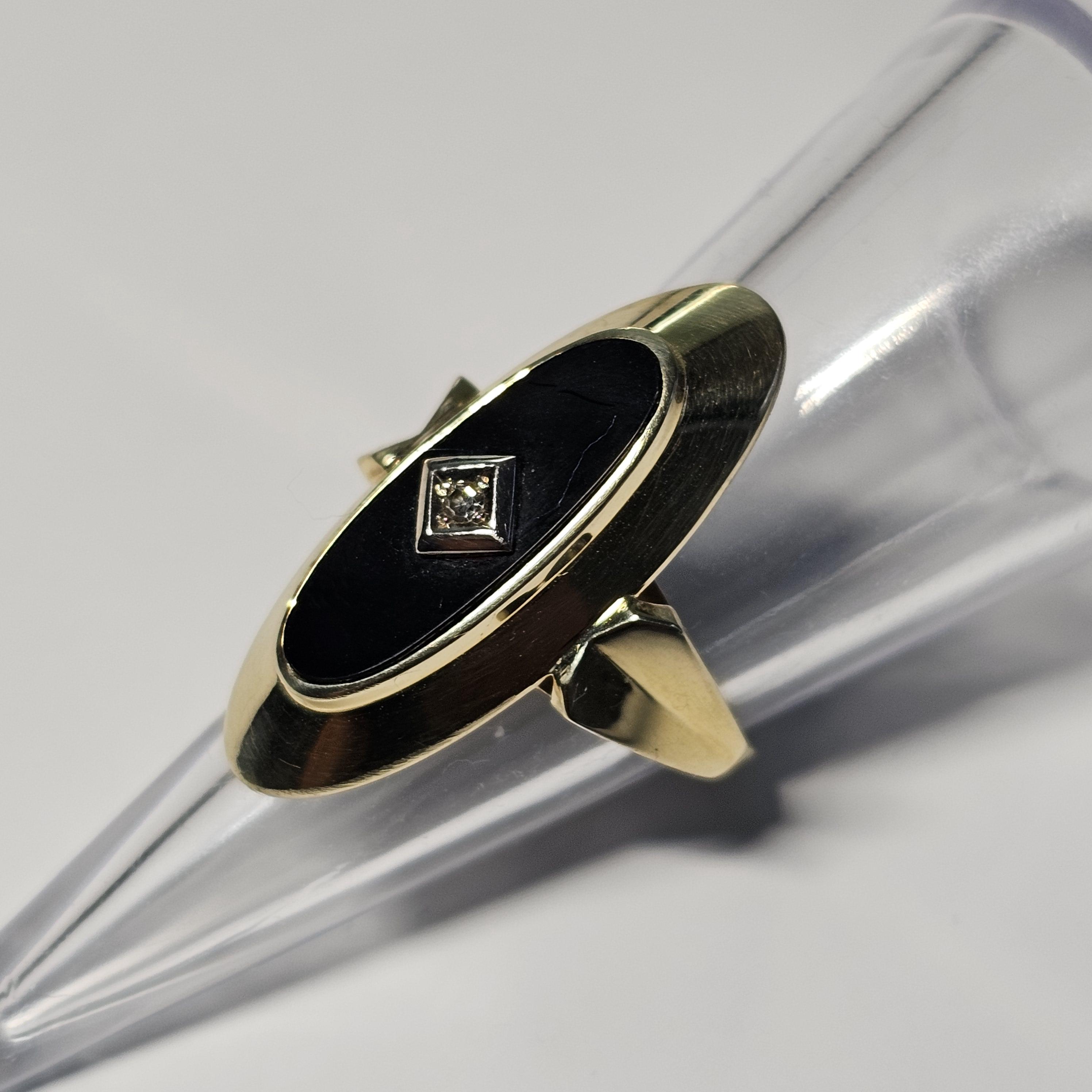 17,7 mm Eleganter Ring Schiffchenring Gold 585 Lagenstein Onyx schwarz kleinstes Diamantsteinchen Vintage Design elegant GR336