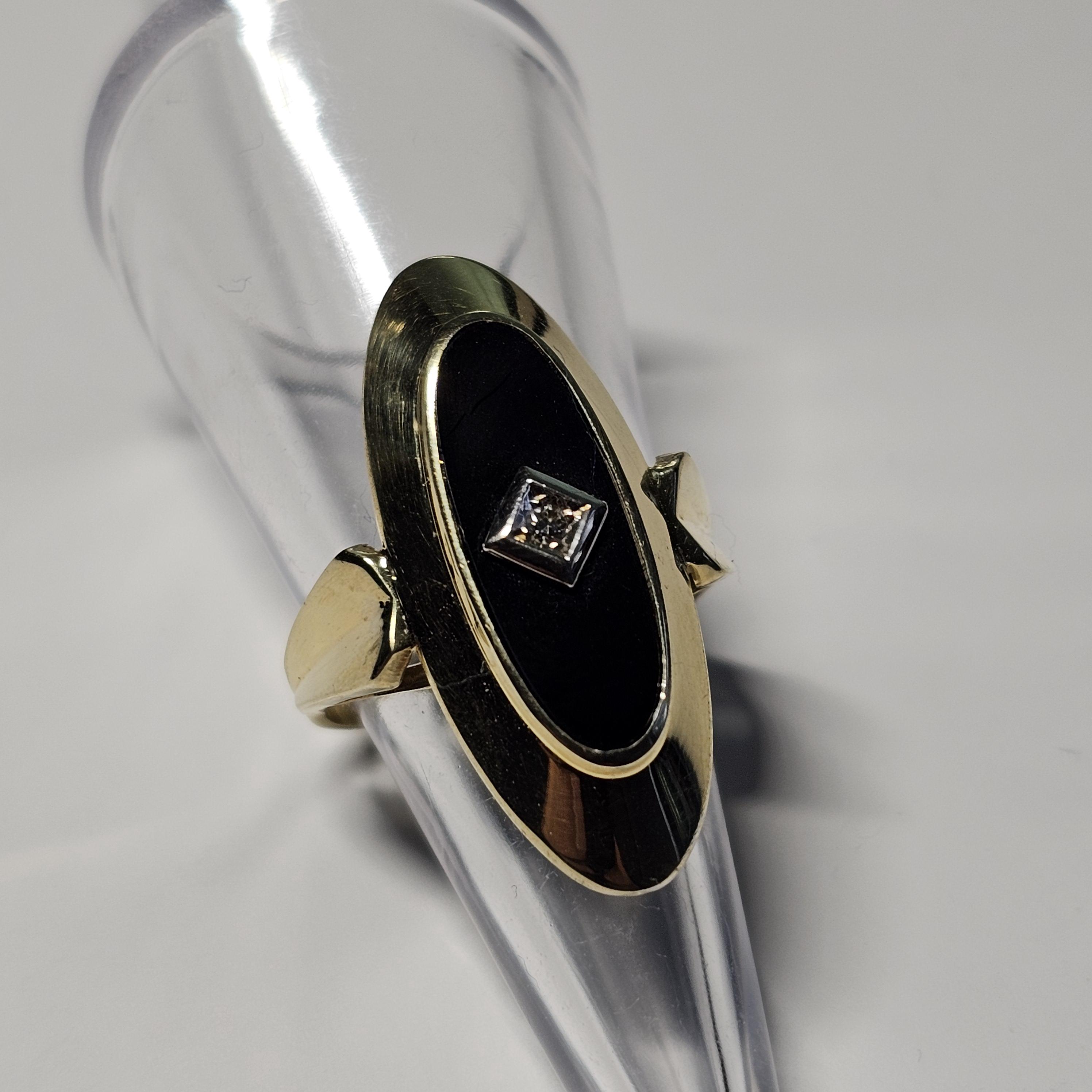 17,7 mm Eleganter Ring Schiffchenring Gold 585 Lagenstein Onyx schwarz kleinstes Diamantsteinchen Vintage Design elegant GR336