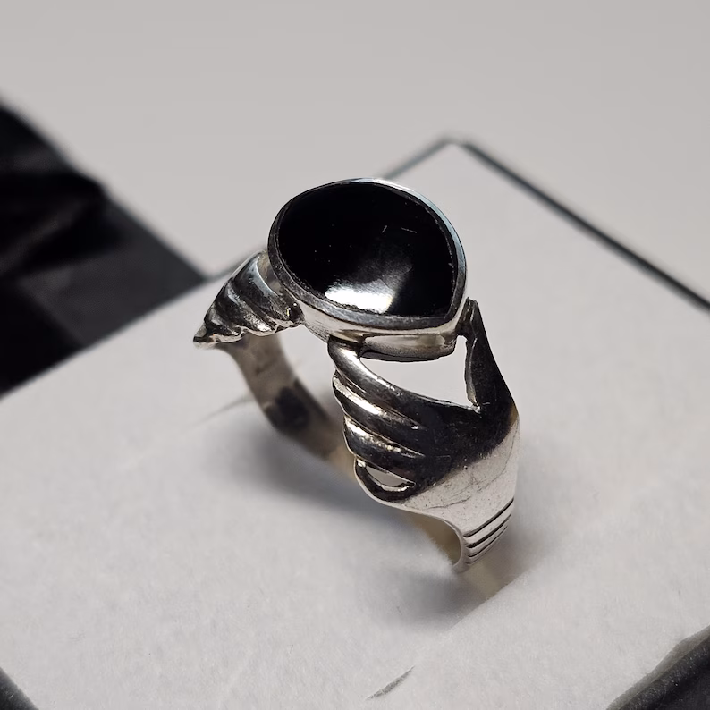 19,2 mm Stylischer Ring Silber 925 Onyx schwarz Design Hände außergewöhnlich Vintage elegant SR1503