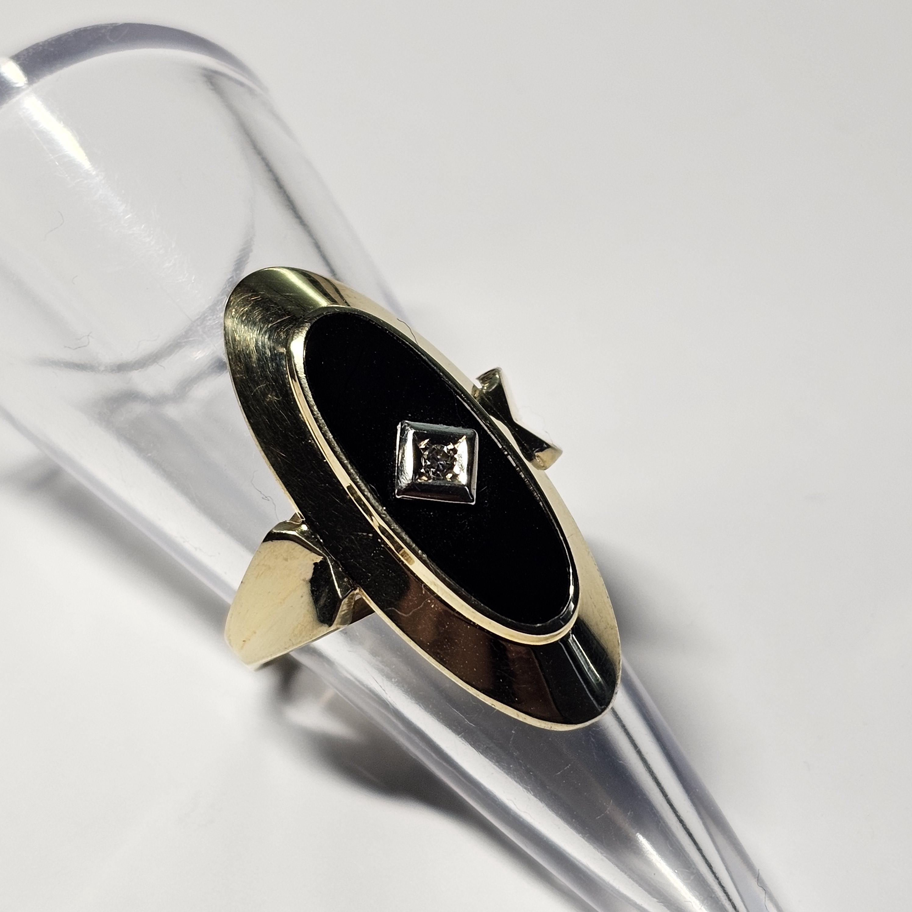 17,7 mm Eleganter Ring Schiffchenring Gold 585 Lagenstein Onyx schwarz kleinstes Diamantsteinchen Vintage Design elegant GR336