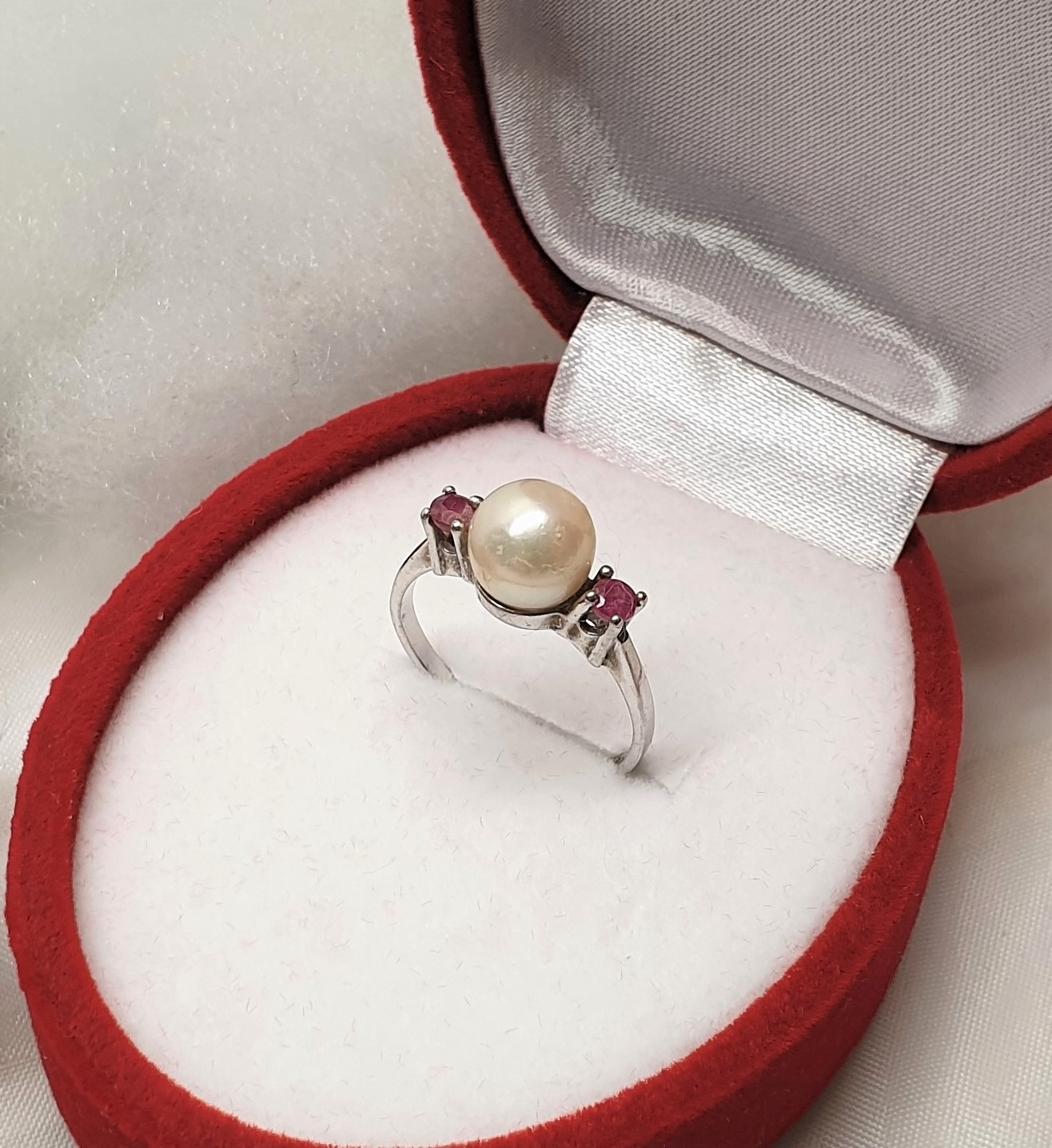 16,4 mm Ring Silberring Silber 835 Perle & Rubine Vintage elegant SR1096