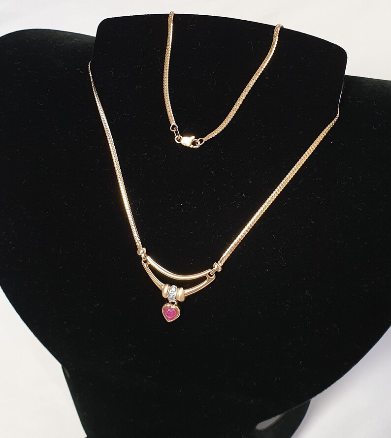 42,5 cm Kette Halskette Collier Gold 375 Rubin Herz Kristalle klar Vintage edel Design GK150