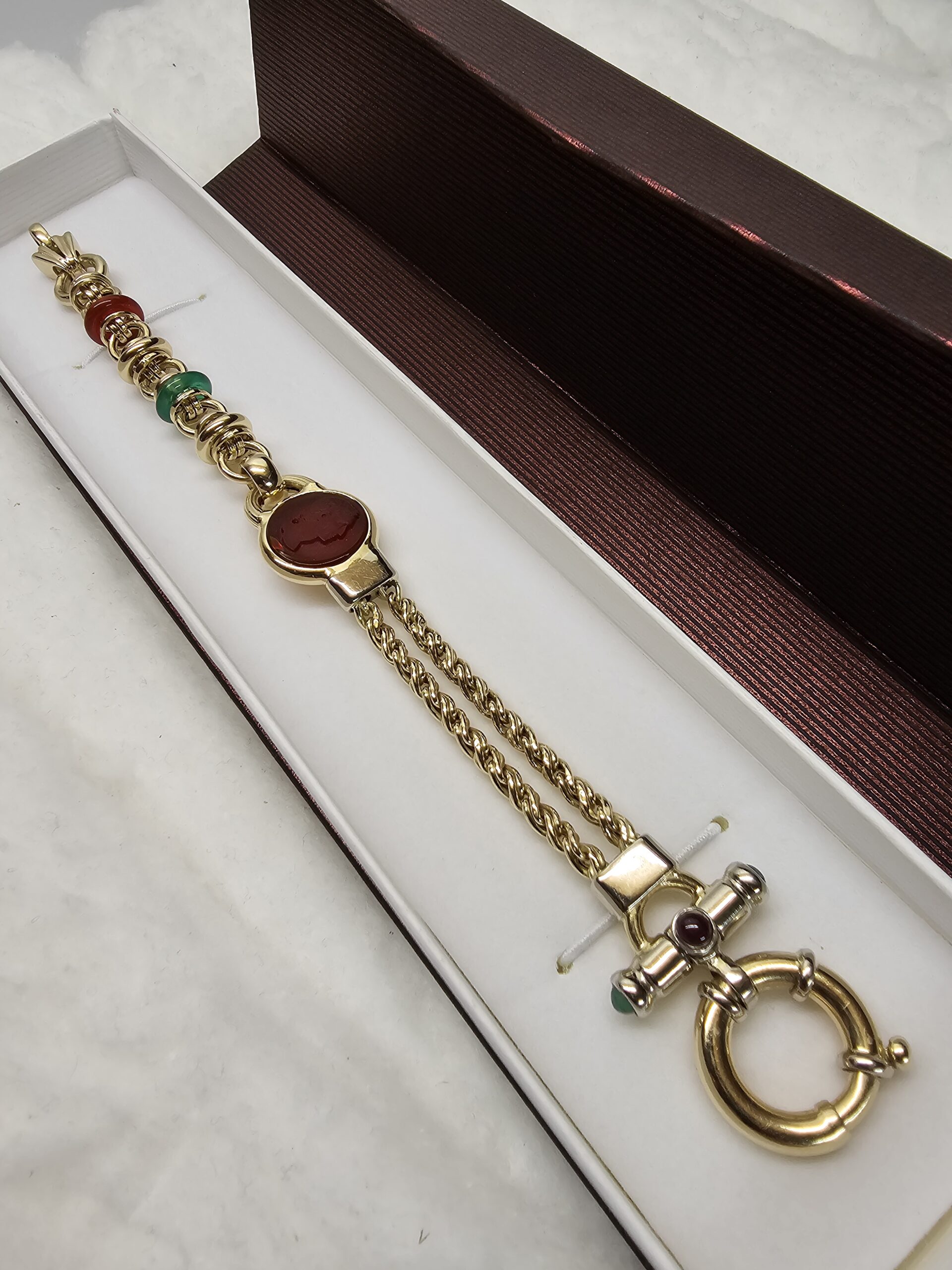 19 cm Extravagantes Design Armband Gliederarmband Italy Julius Caesar Gold 585 14 Kt Karneol Chrysopras Rubin Smaragd Vintage elegant GA120