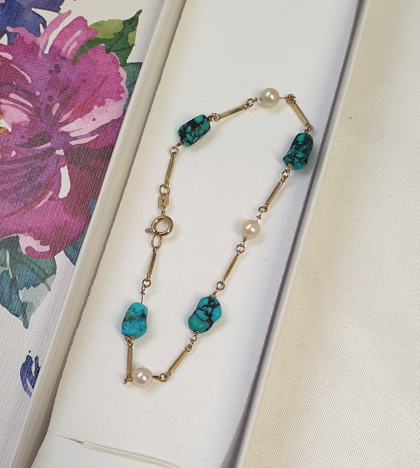 19,5 cm Gliederarmband Armband Gold 333 Türkis Stein & Perlen edles Design Shabby Vintage GA101