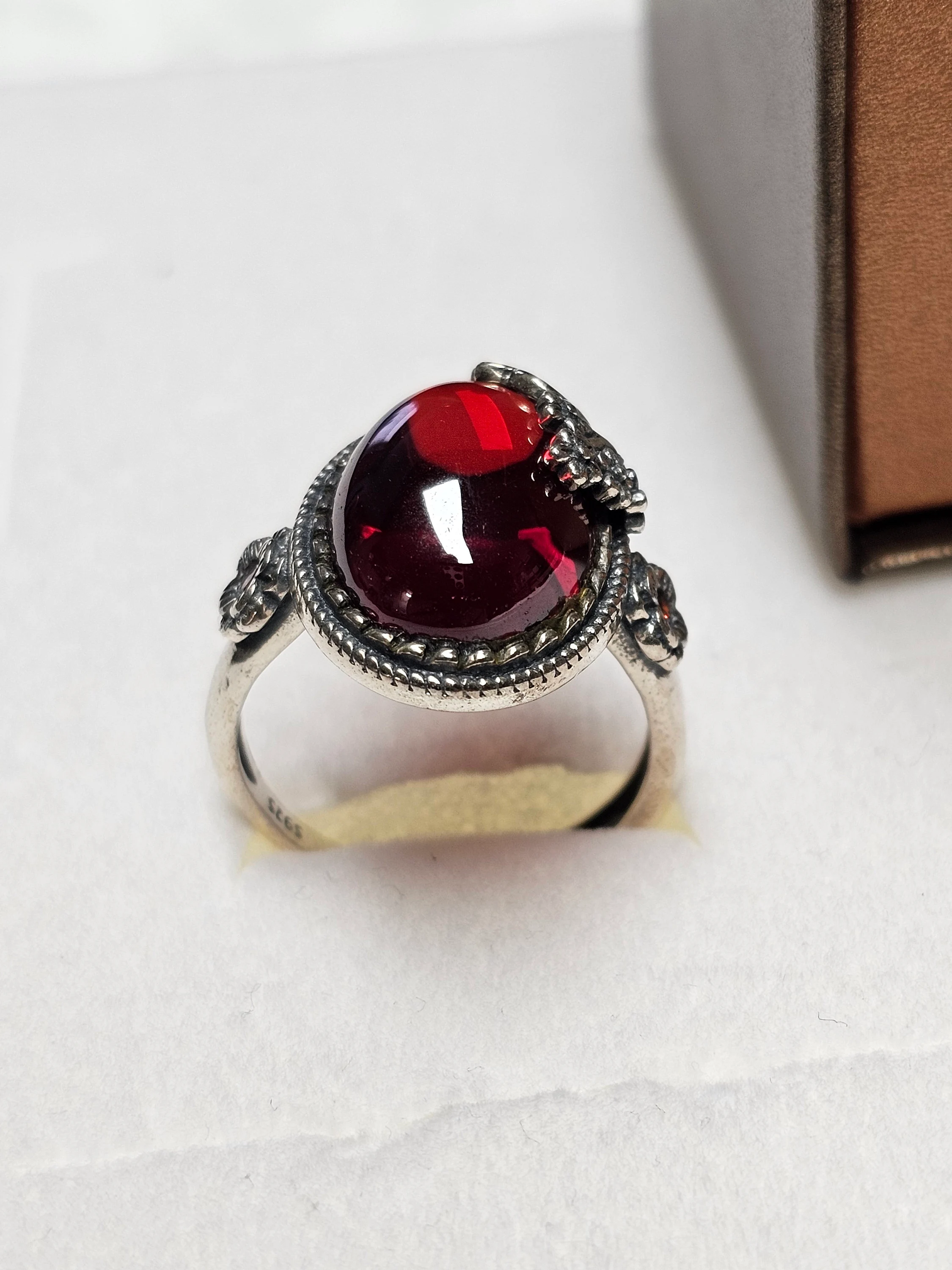 19,5 mm Silberring Ring Silber 925 Kristall Cabochon rot Steinchen orange Vintage Design florale Akzente elegant SR1082