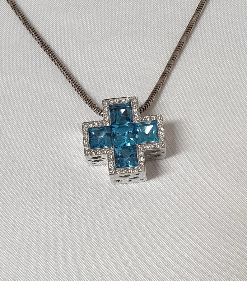 Anhänger Gold Weißgold 750 Topas Blautopas & Diamantsteinchen Vintage elegant GAN105