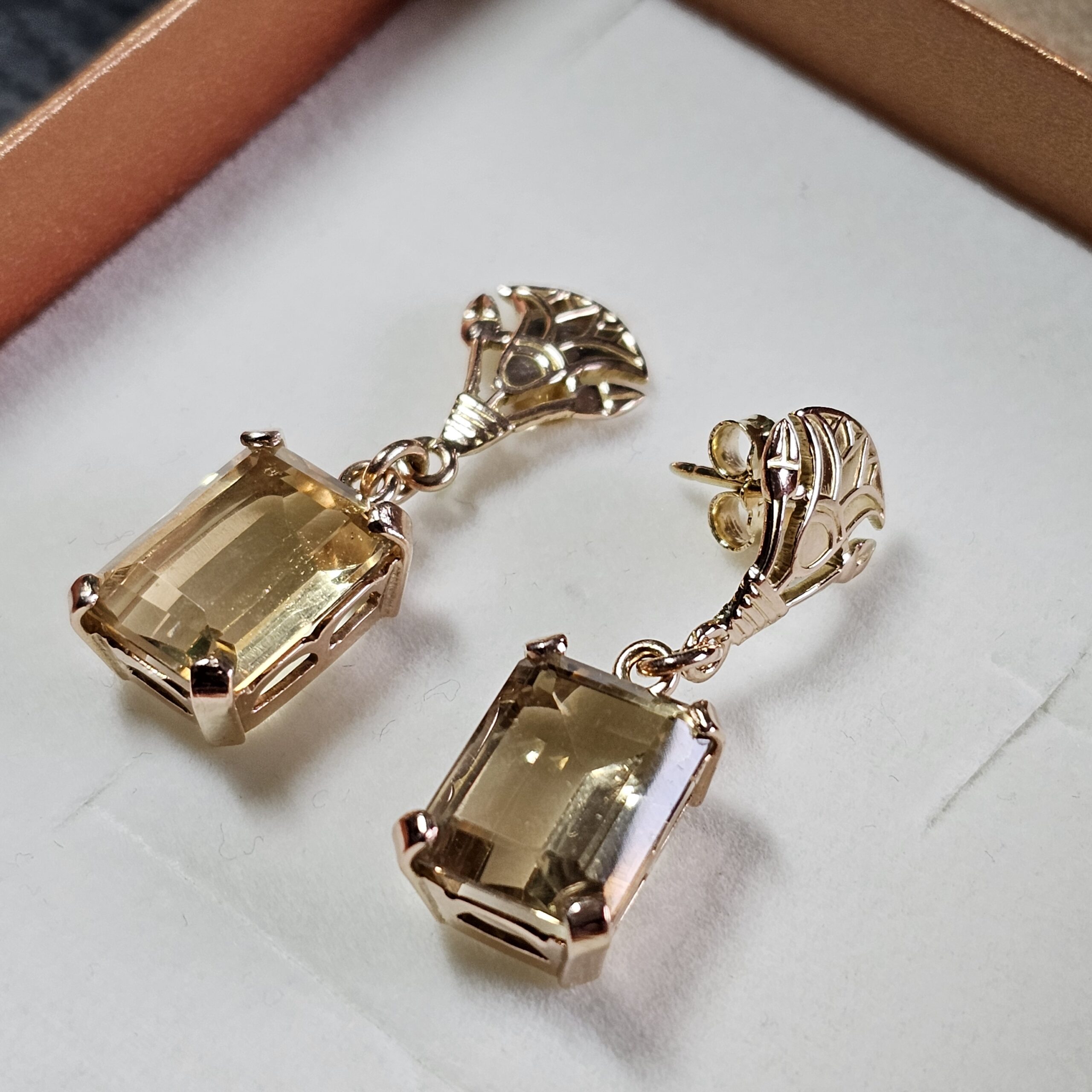 Nostalgische Hängeohrringe Ohrringe Ohrstecker lang Gold 585 Citrin Design Vintage elegant OR188