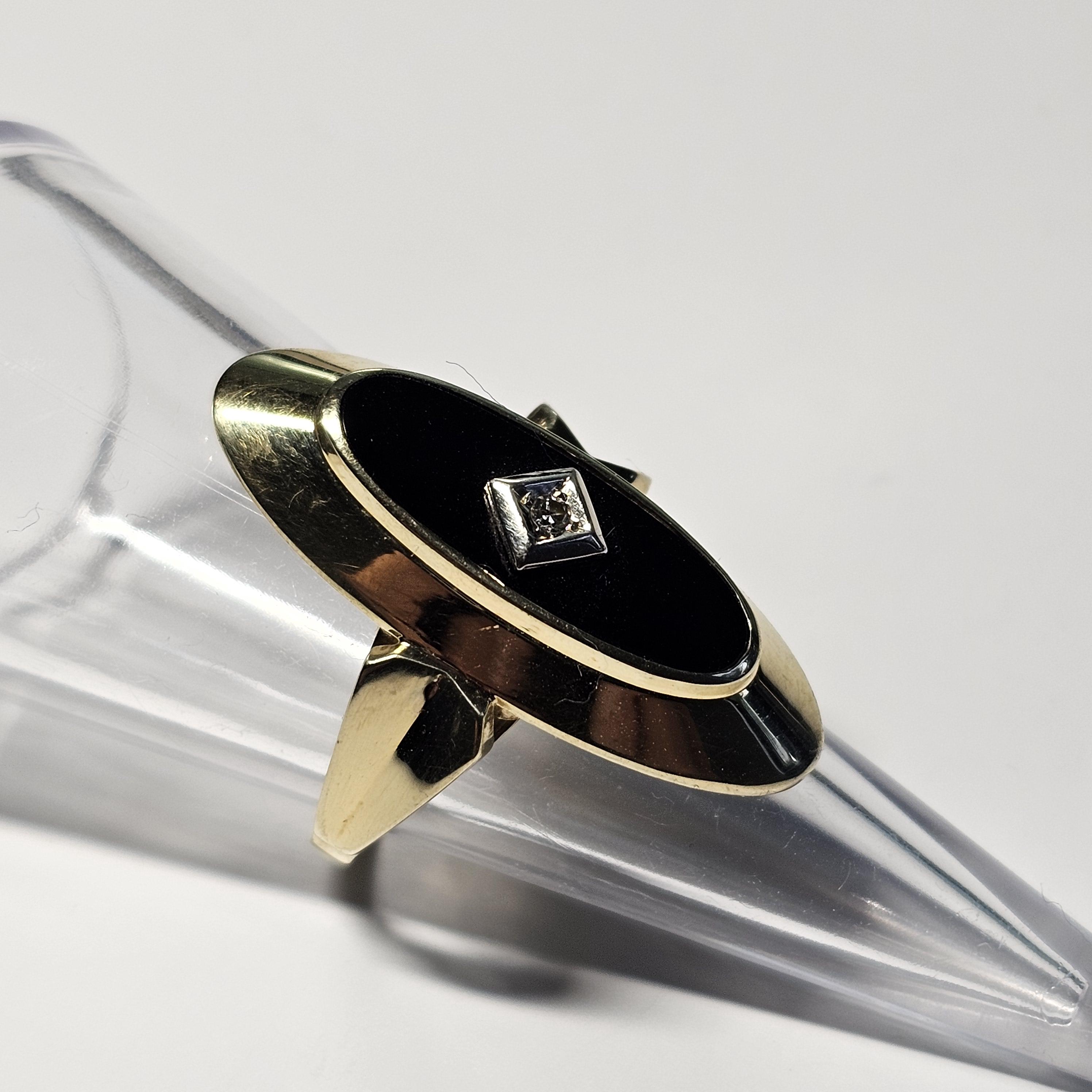 17,7 mm Eleganter Ring Schiffchenring Gold 585 Lagenstein Onyx schwarz kleinstes Diamantsteinchen Vintage Design elegant GR336