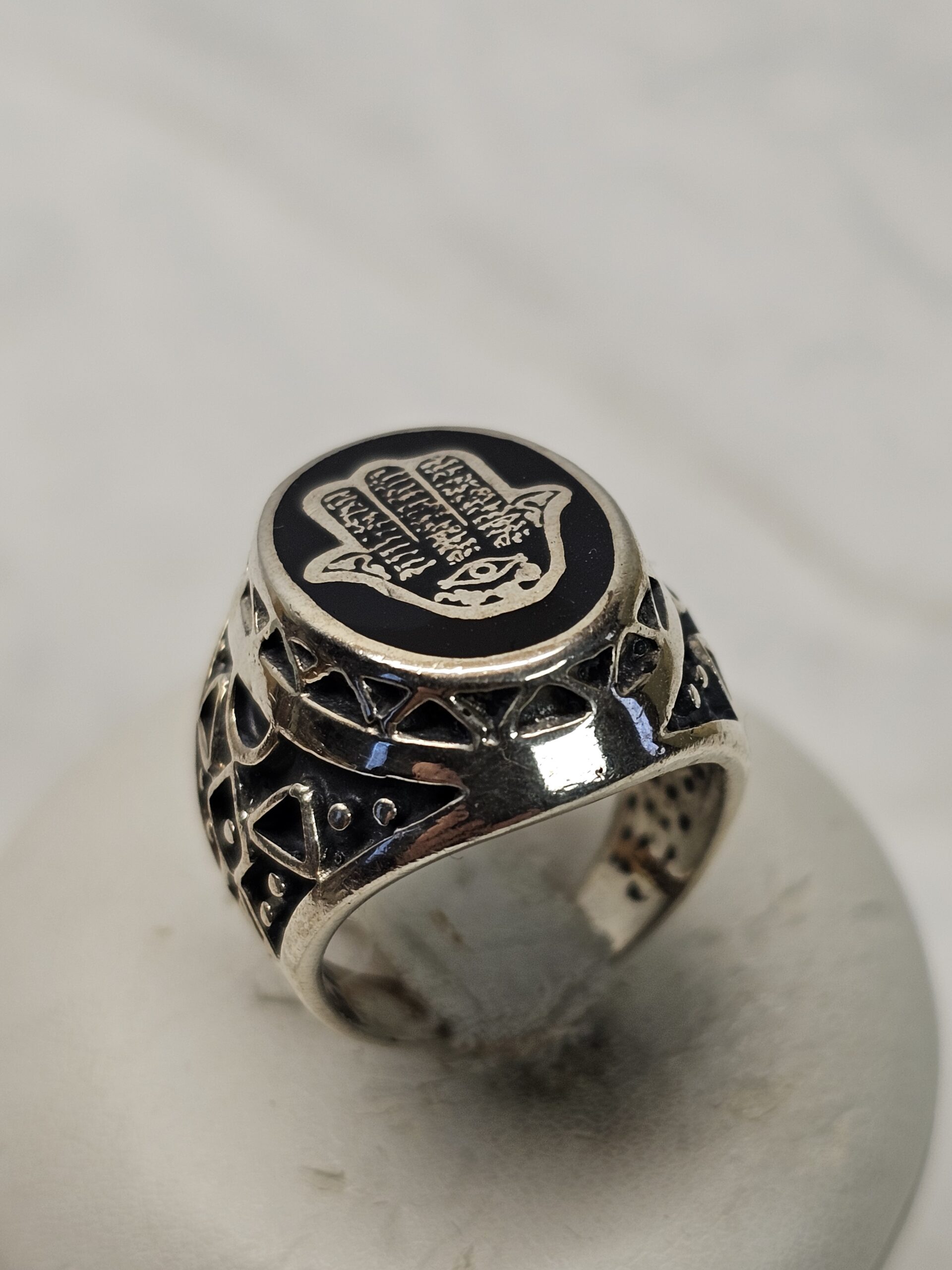 18,3 mm Nostalgischer Ring Siegeling Silber 925 Hand der Fatima Emaille schwarz kunstvoll Vintage selten rar SR1406