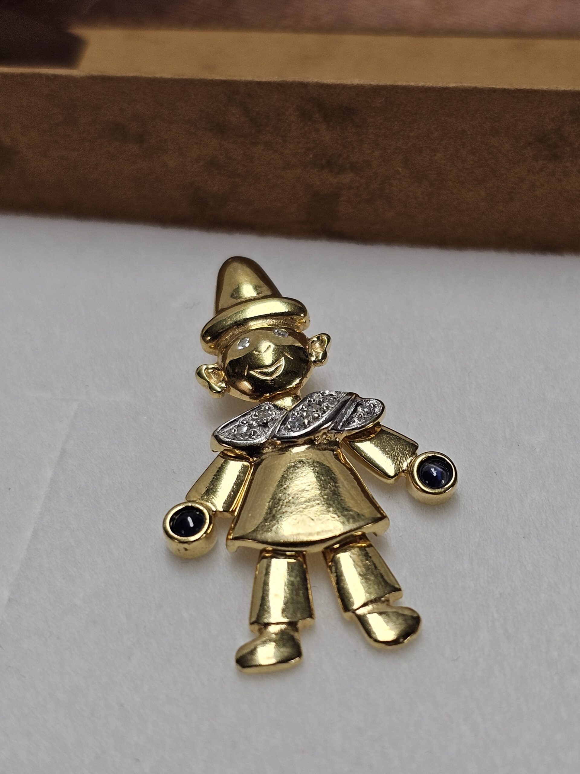 Anhänger ohne Kette Gold 333 Saphire & Diamantsteinchen Hampelmann Harlekin beweglich Vintage elegant selten rar GAN186