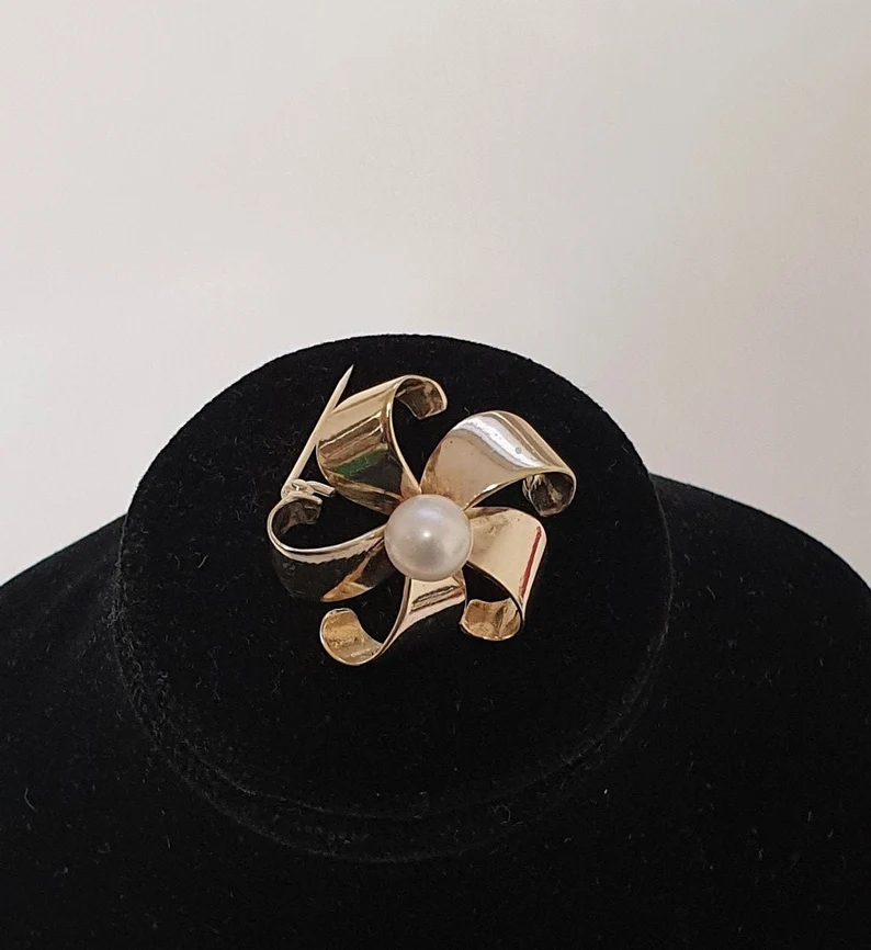 Anstecknadel Brosche Silber 925 vergoldet Perle Windrad Blume Vintage elegant selten rar SB404