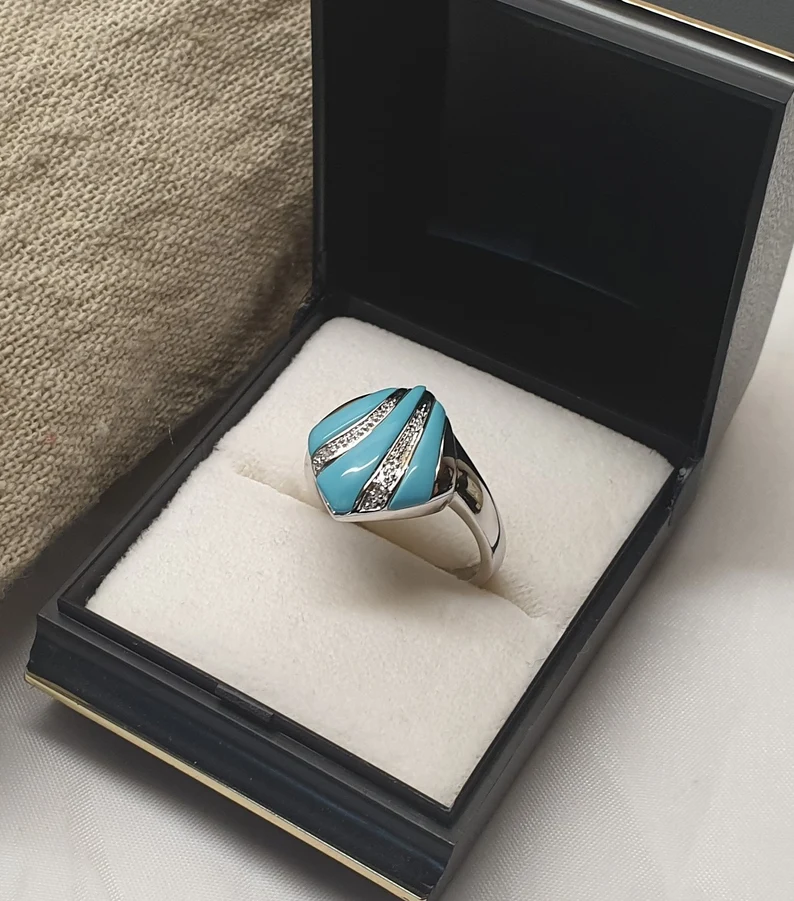 18 mm Ring Silberring Silber 925 Türkis & kleine Diamantsteinchen edel Vintage SR1393
