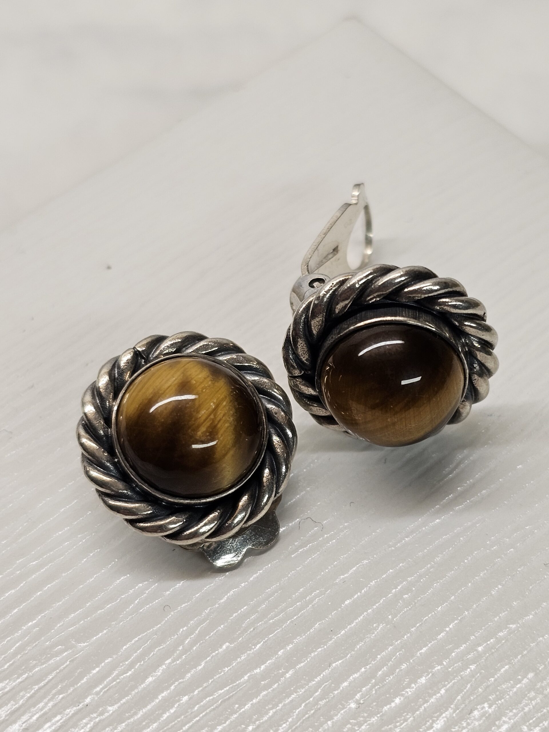 Nostalgische Ohrringe Ohrclips Silber 835 Tigerauge Design Vintage elegant SO462