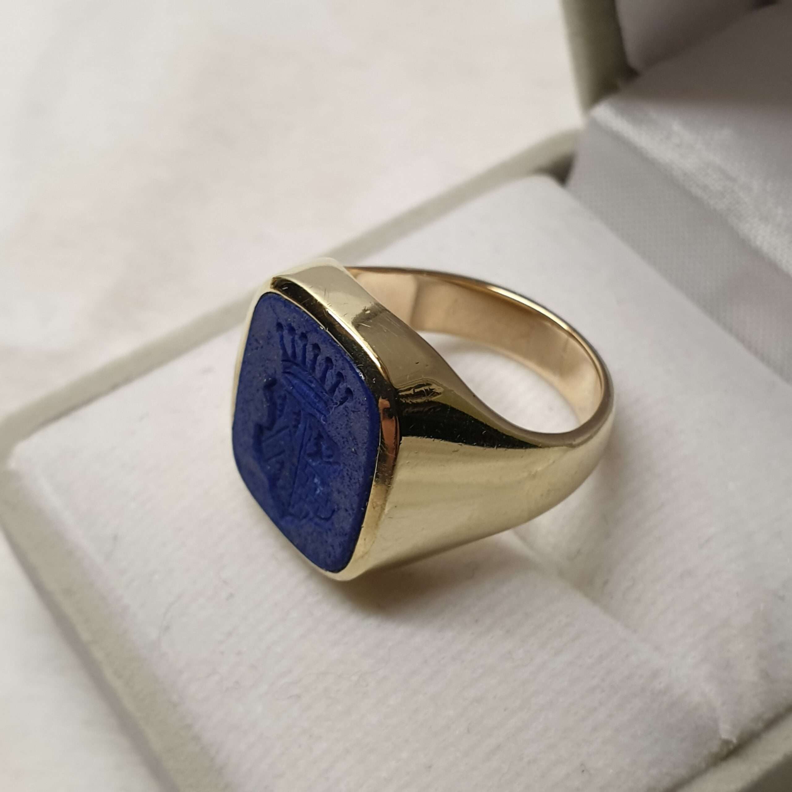 16,8 mm Ring Siegelring Gold 585 Lagenstein Lapislazuli Wappen Vintage elegant GR158