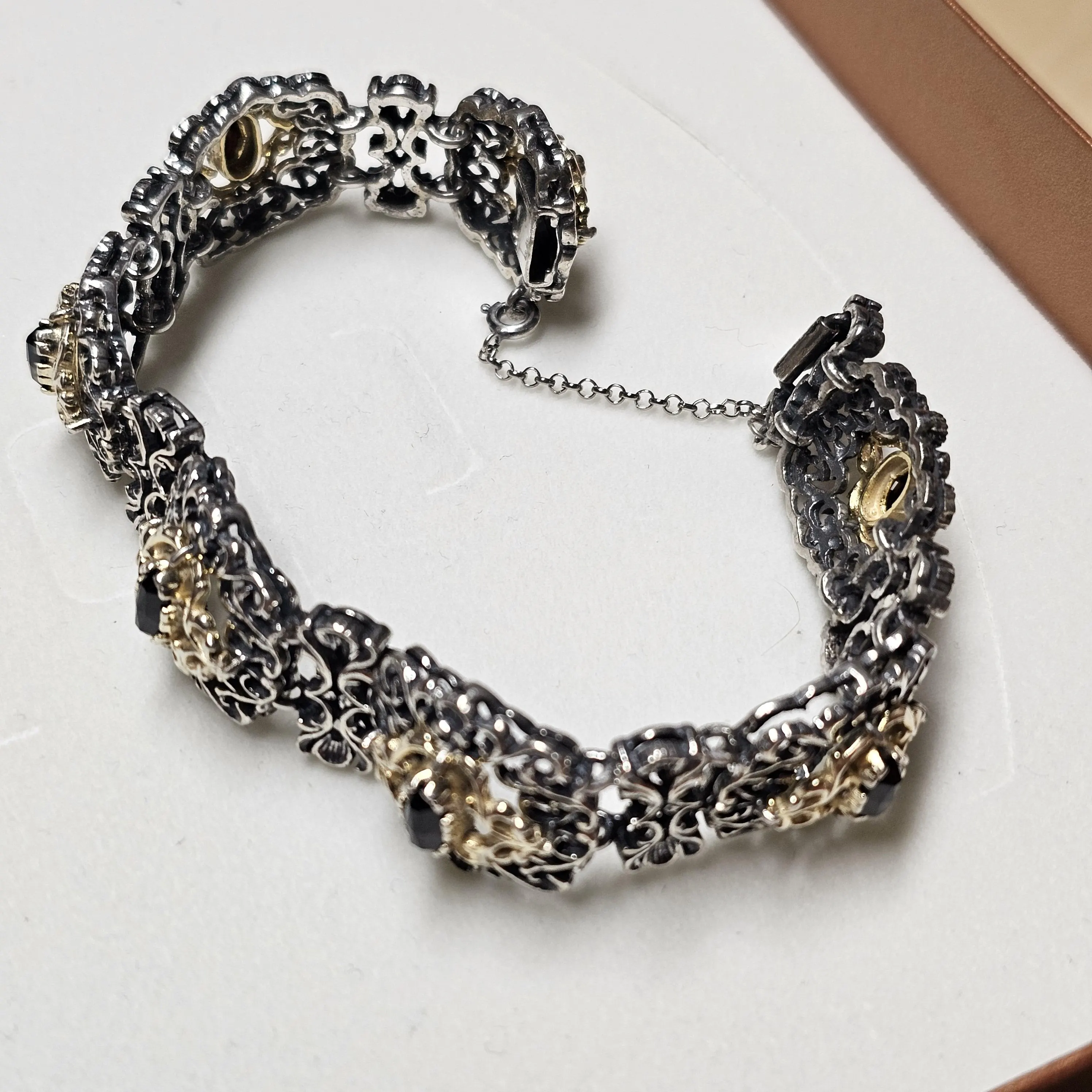 20,5 cm Nostalgisches Vintage Armband Gliederarmband Silber 835 teilvergoldet Granat Shabby Vintage SA324