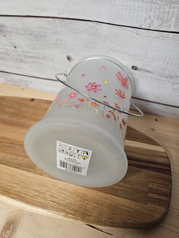Windlicht Cosmea Laterne Kerzenglas blumig Glas milchig