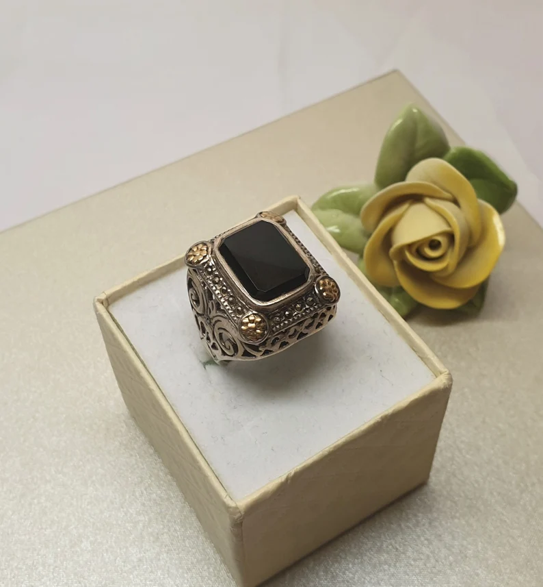 17,9 mm Edler Ring Siegelring Silber 925 teilvergoldet Onyx schwarz & Markasiten Vintage Eleganz SR1386