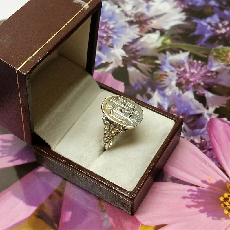 18,7 mm Nostalgischer Ring Siegelring 835 Silber Initialen Buchstaben "NG" bzw "GN" Shabby Vintage SR127