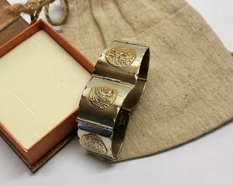 16,5 cm Armband Gliederarmband Silber 925 vergoldet Indianer Taxco Symbole selten SA305