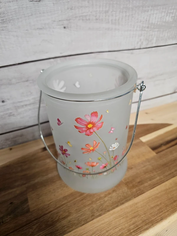 Windlicht Cosmea Laterne Kerzenglas blumig Glas milchig