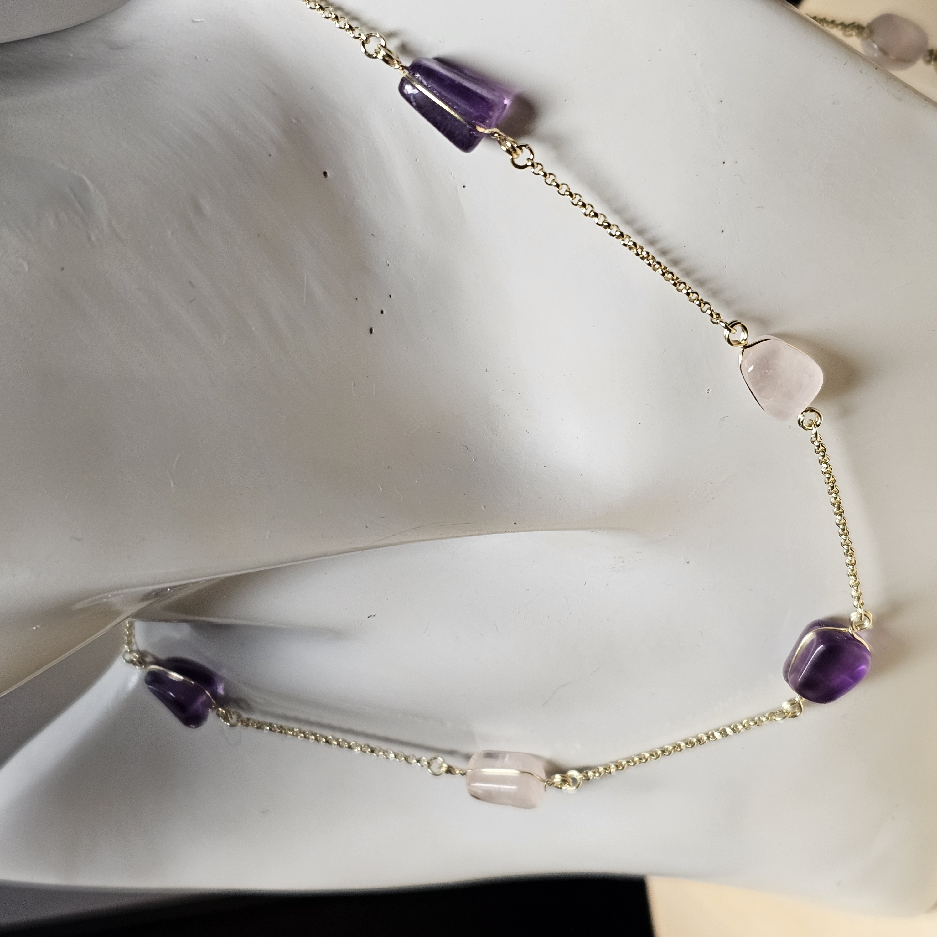 62 cm Kette Gliederkette Rosenquarz & Amethyst American Doublé vergoldet Vintage Design elegant MK116