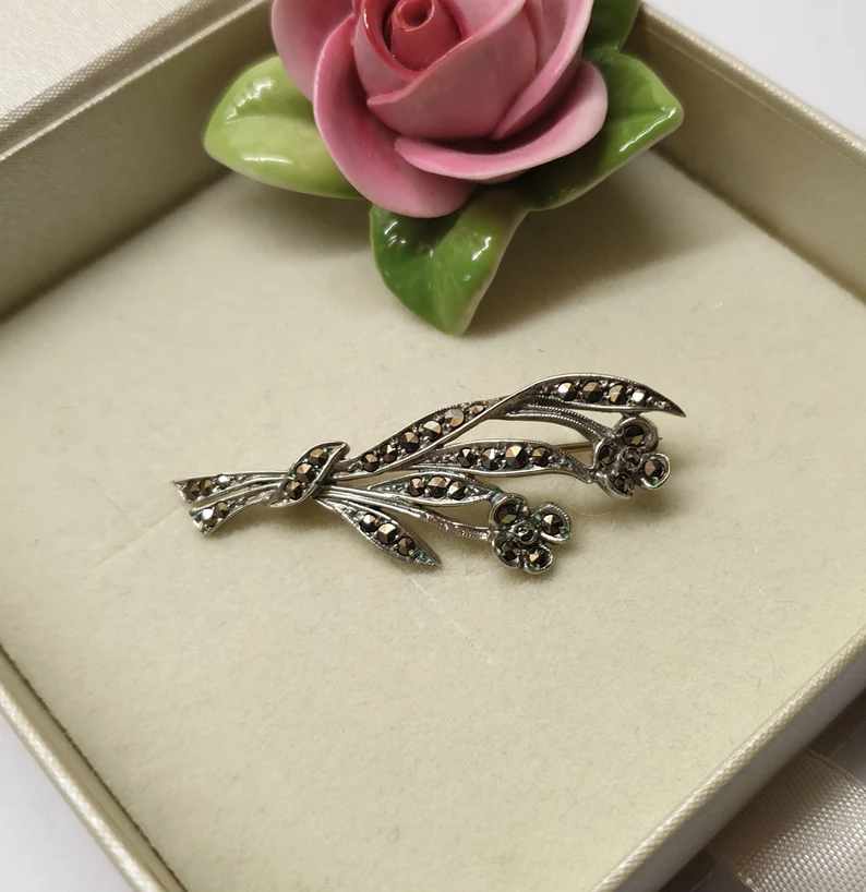 Anstecknadel Silberbrosche Brosche Zweig Bouquet 835 Markasiten Shabby Vintage elegant SB436