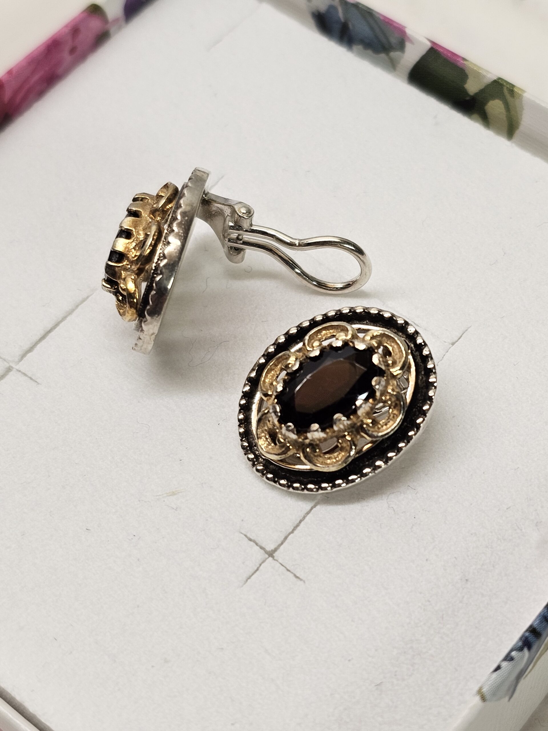 Nostalgische Ohrringe Ohrclips Silber 835 teilvergoldet Granat Shabby Vintage elegant SO447