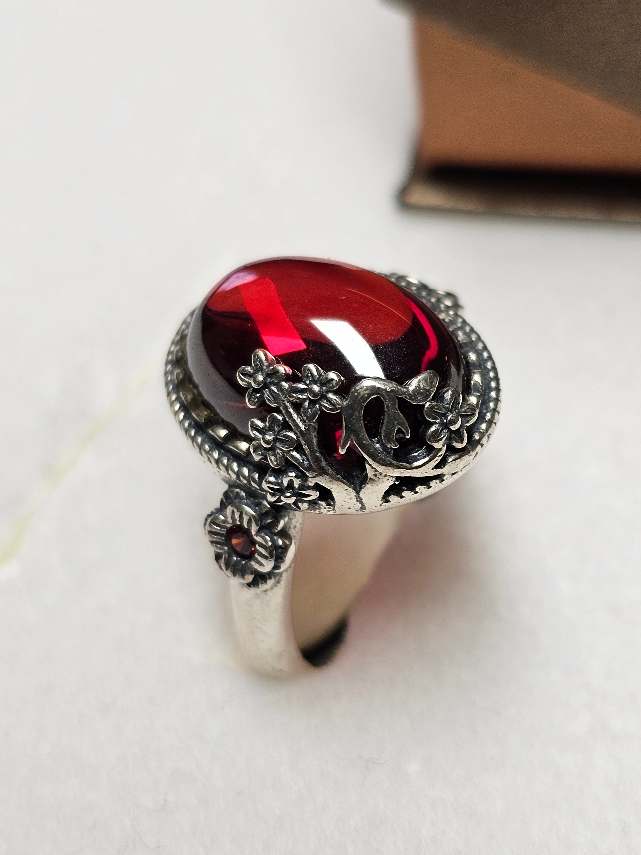 19,5 mm Silberring Ring Silber 925 Kristall Cabochon rot Steinchen orange Vintage Design florale Akzente elegant SR1082