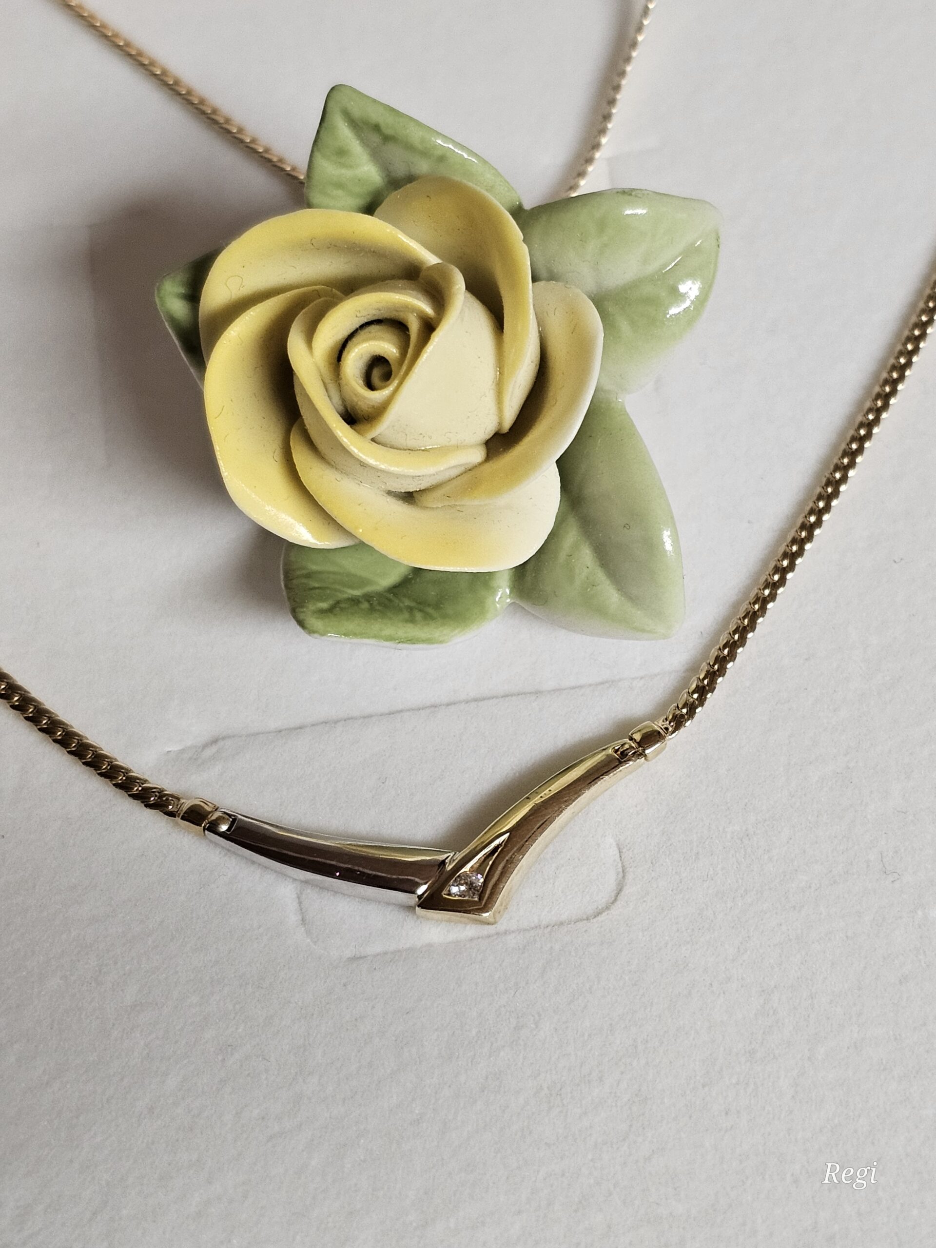 43 cm Elegante Gliederkette Kette mit Anhängerteil Halskette Collier Gelbgold Weißgold Gold 585 Diamantsteinchen Vintage Design selten GK143