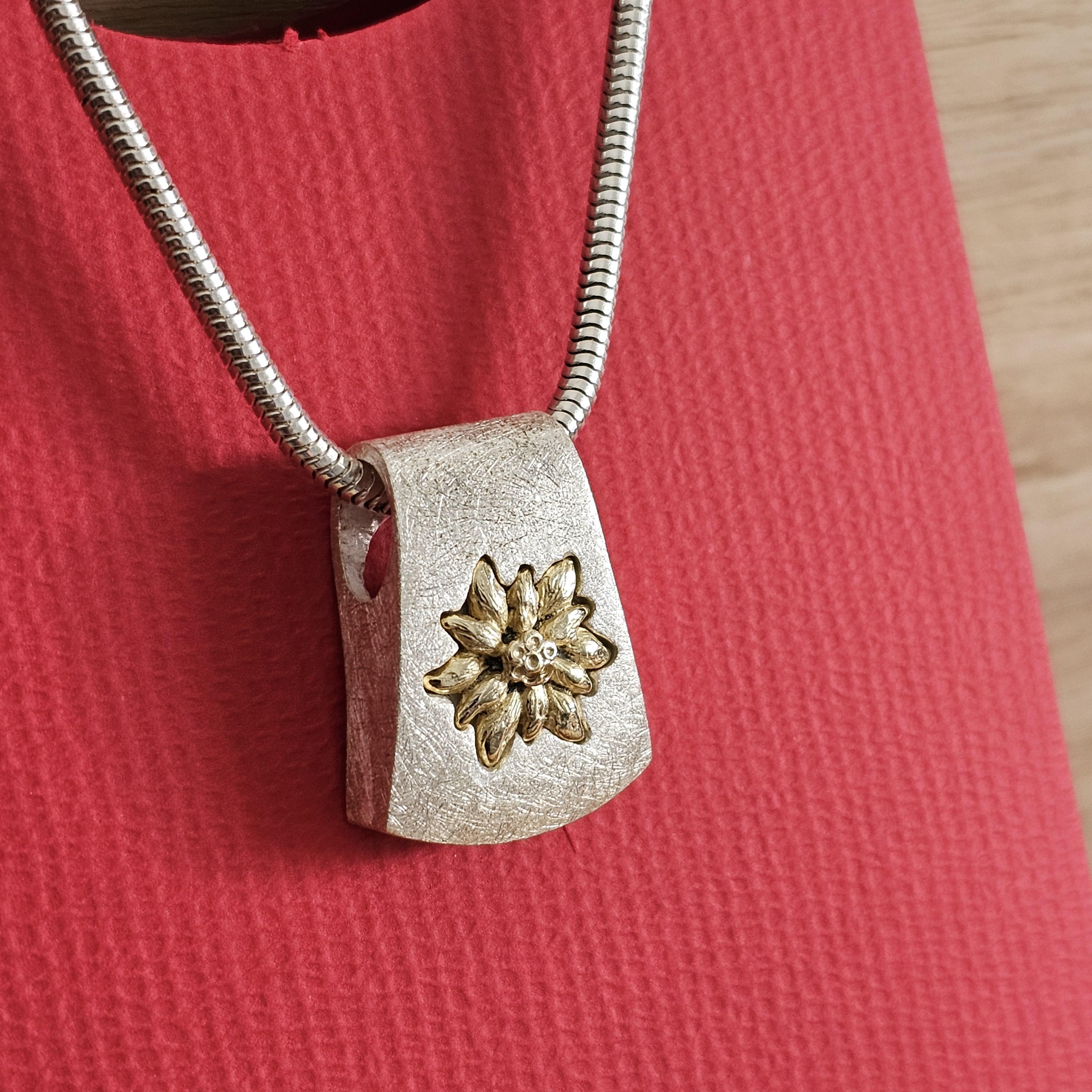 Anhänger Silberanhänger ohne Kette Silber 925 gebürstet massiv teilvergoldet Edelweiß Trachtenschmuck Design Vintage elegant SKA1288