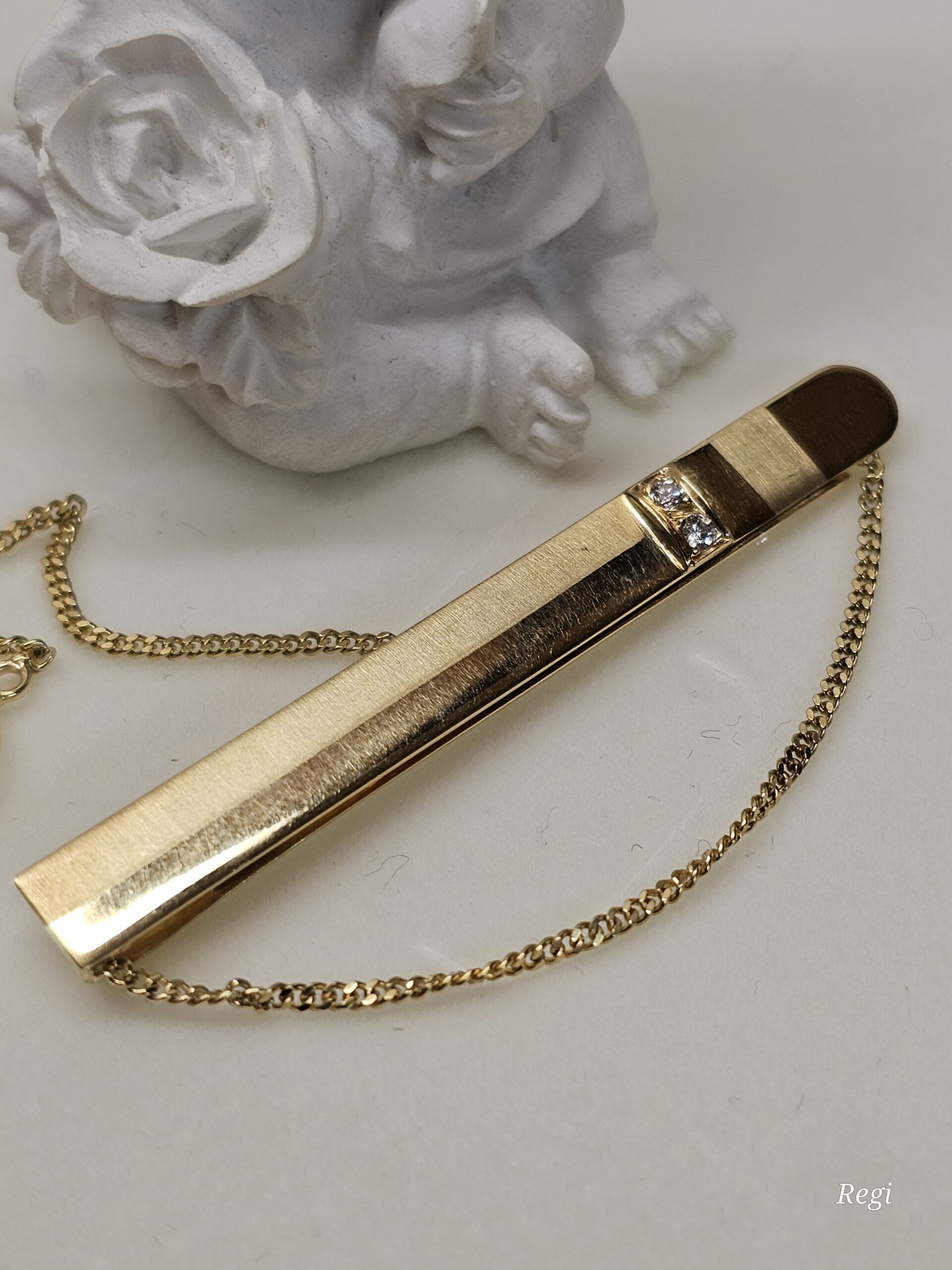 Krawattennadel Krawattenklammer Klemme 14 k Gold 585 Diamant Steinchen Knopflochkette Kette Kettchen Design Vintage elegant GB151