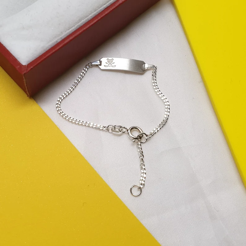 12 / 14 cm Armband Armbändchen Silber 925 mit Gravurplatte Teddy Bär Bärchen Vintage SA469