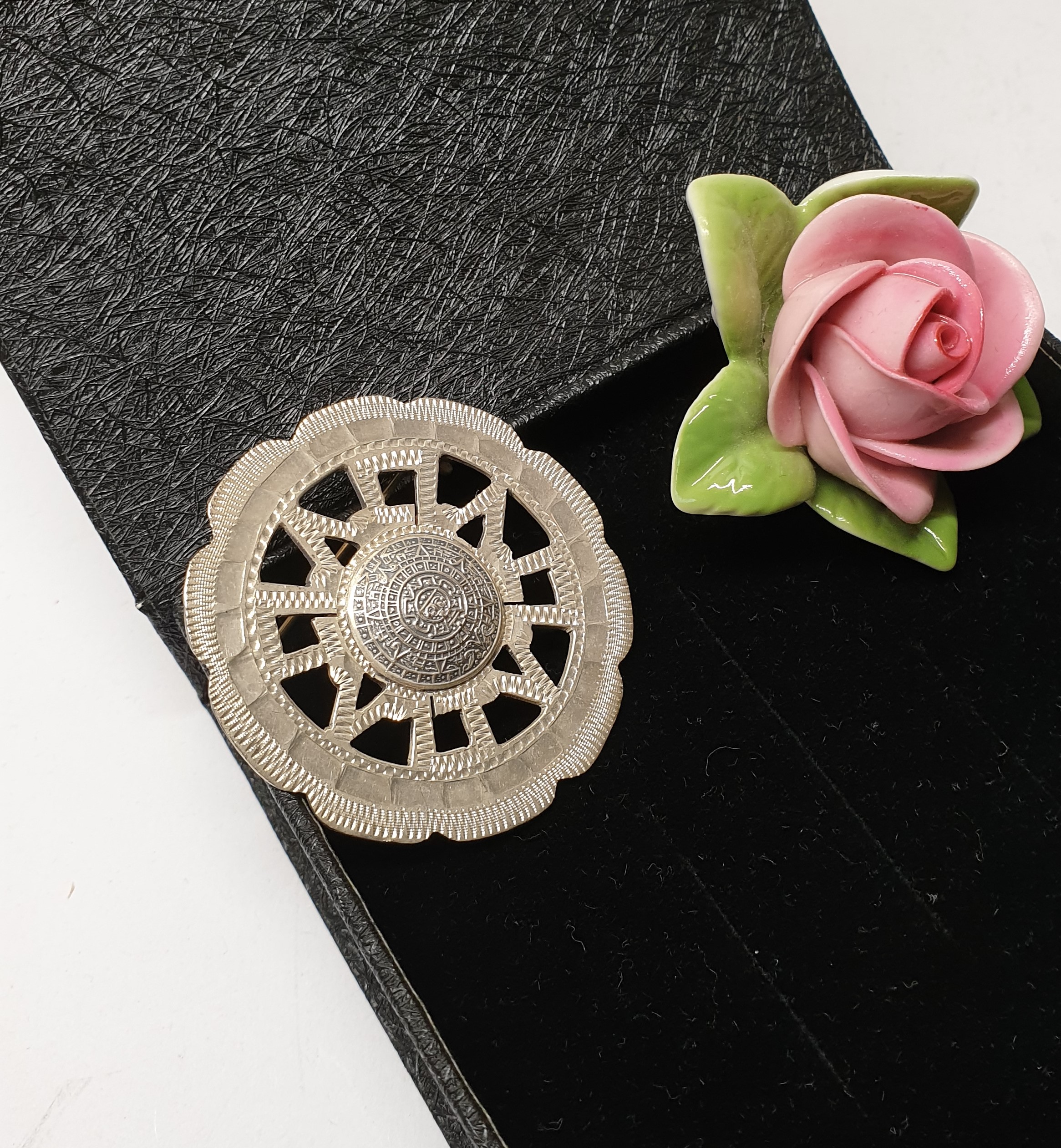 Anhänger Silberanhänger Silberbrosche Brosche Silber 925 Mexico Maya Sonnenkalender Vintage selten rar SB423