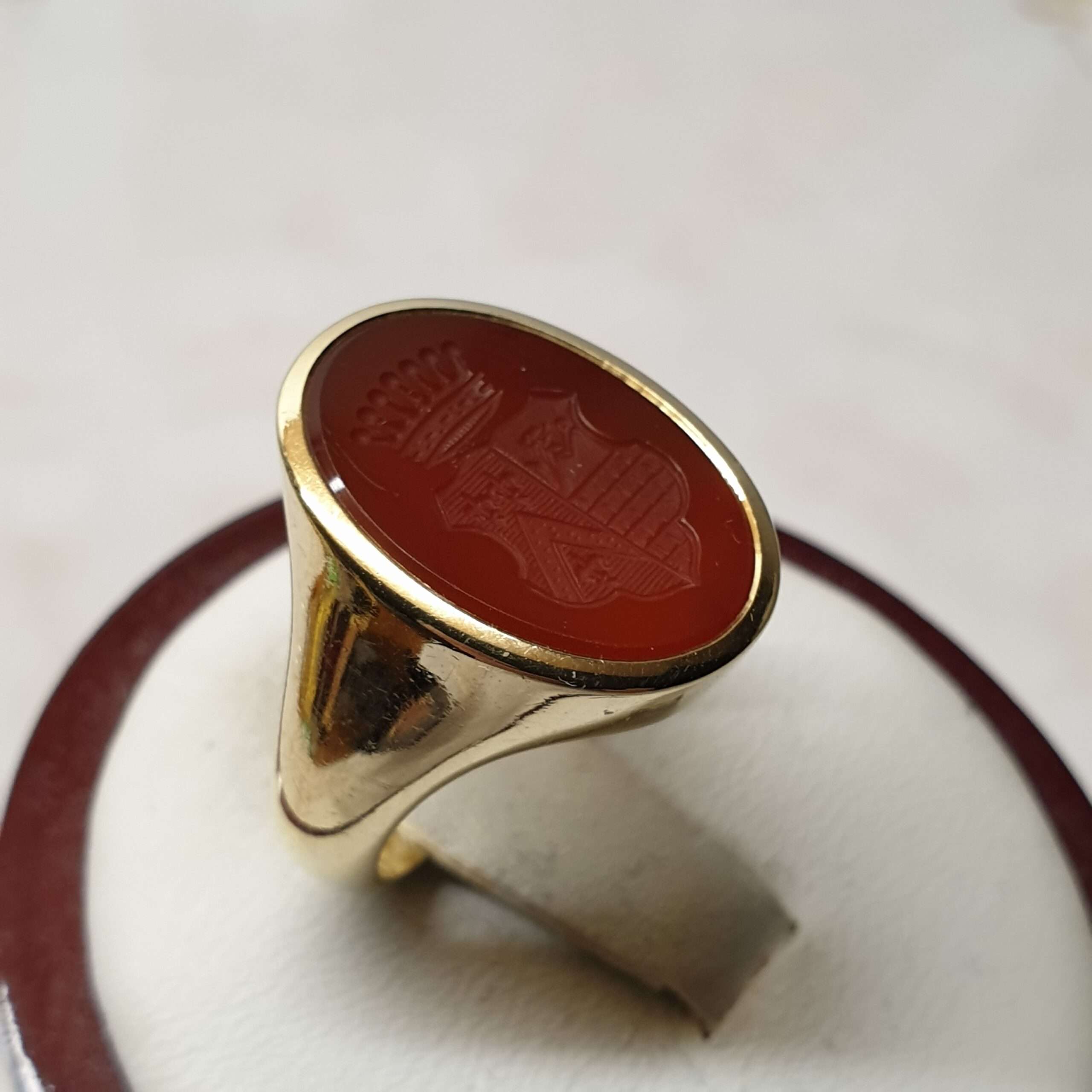 16,1 mm Siegelring Goldring Ring 585 Gold Karneol Lagenstein Platte Wappen Vintage elegant GR156