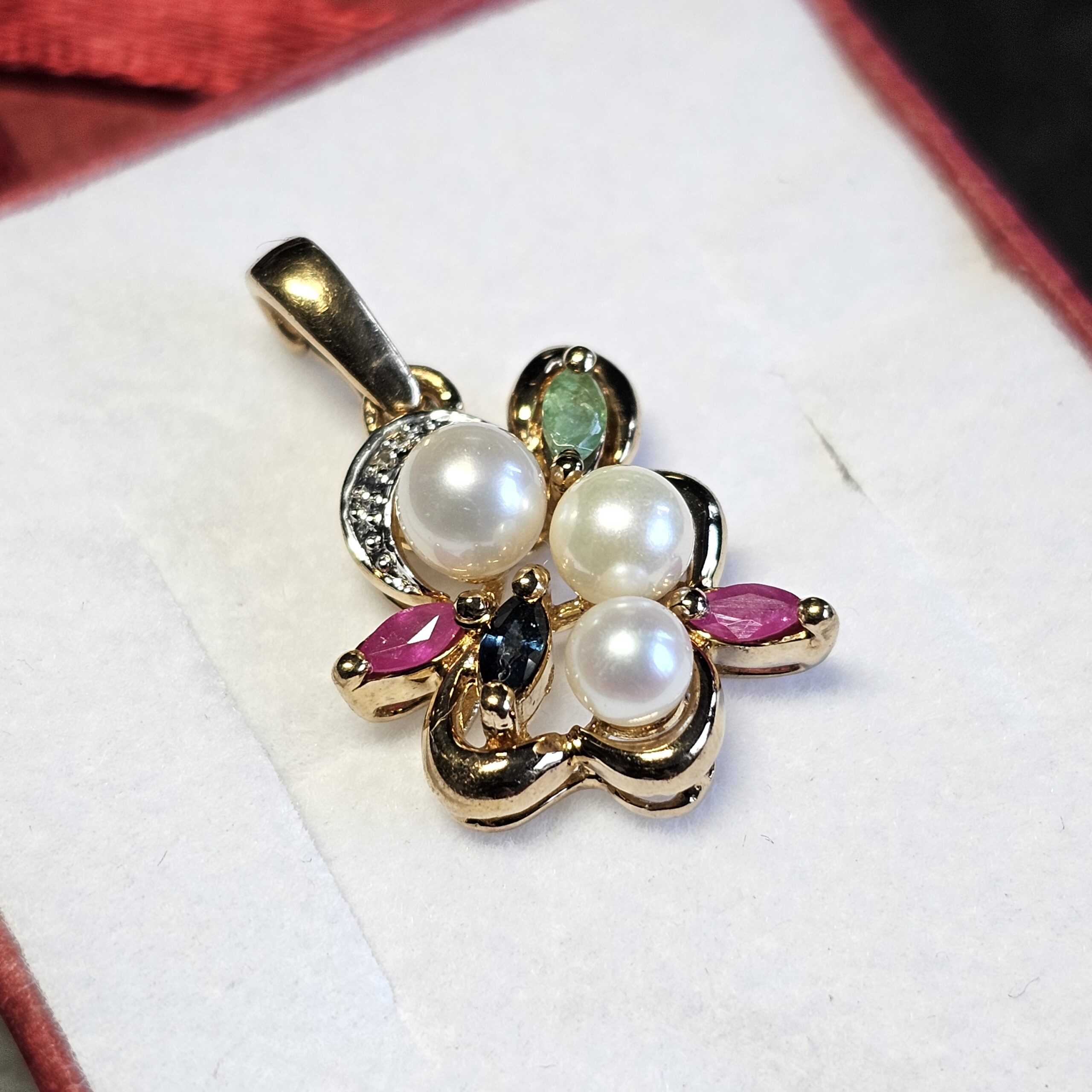 Anhänger Kettenanhänger ohne Kette Gold 333 teilplatiniert Perlen Rubin Saphir Smaragd kleinstes Diamantsteinchen Vintage elegant GAN188