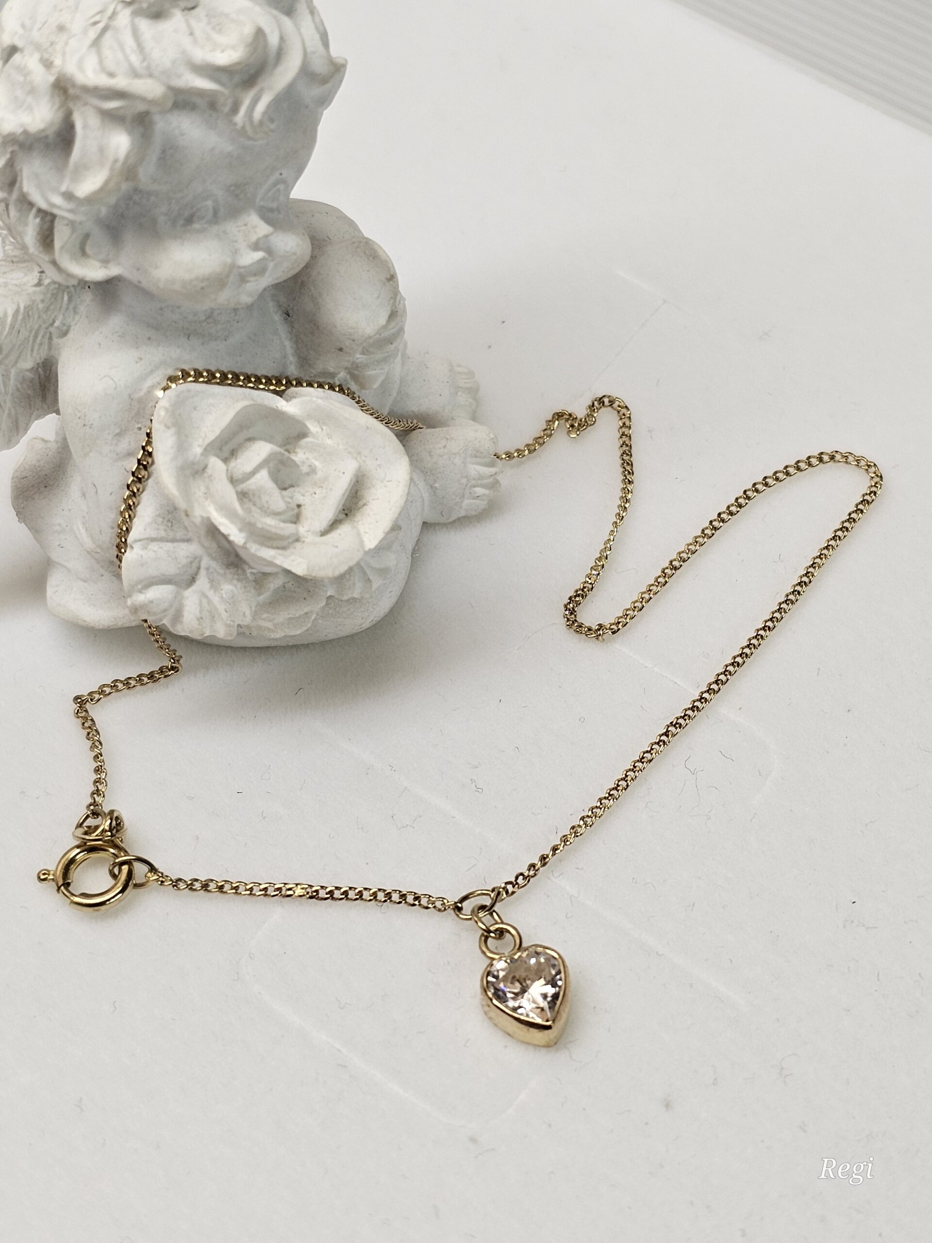 23 - 25,5 cm Fußkettchen Fußkette Gold 333 mit Anhänger Charms Herz Kristall klar Vintage elegant GA122