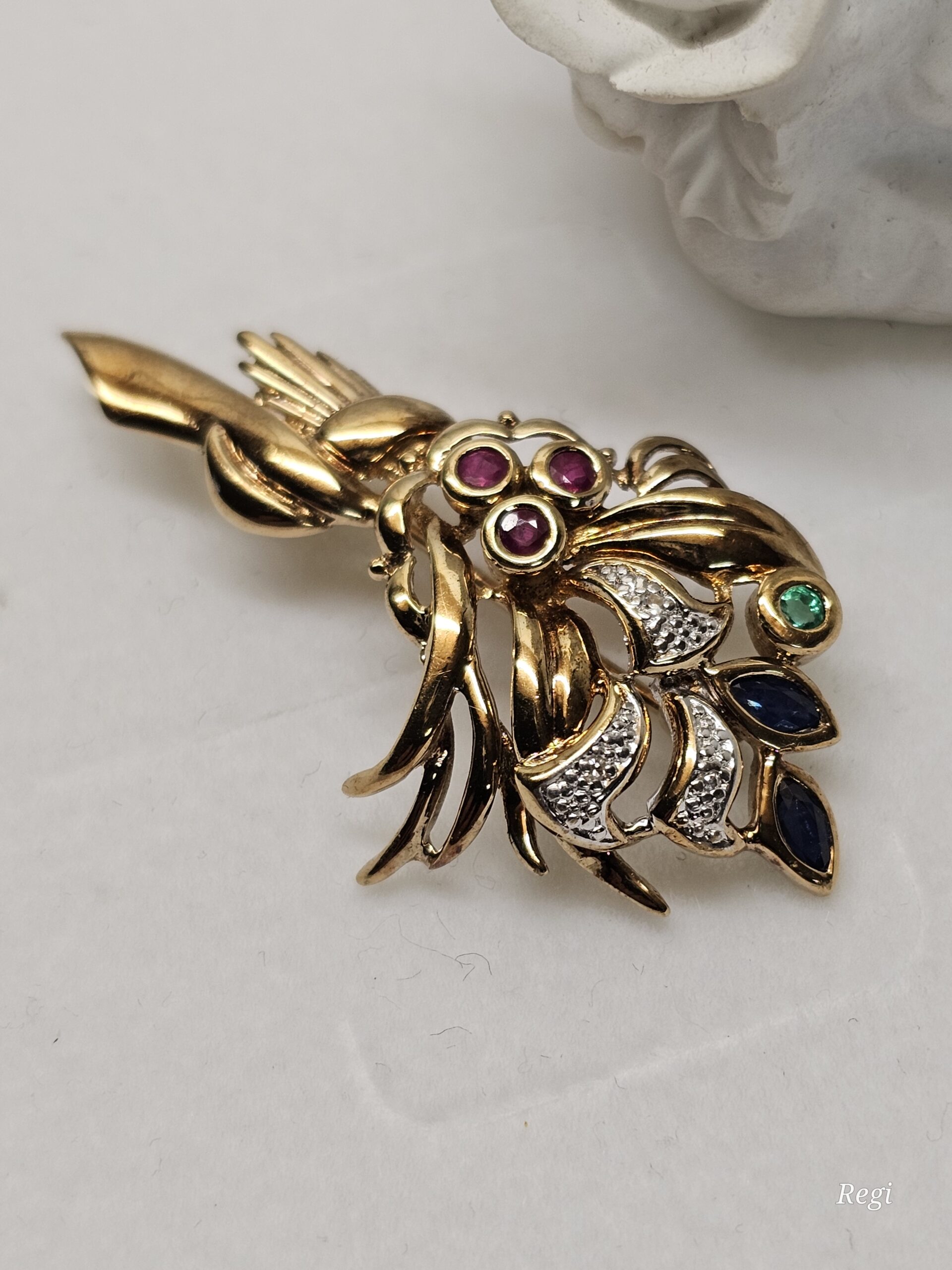 Brosche Anstecknadel Zweig Blumen Bouquet Gold 585 teilplatiniert Rubine Smaragd Saphire kleinste Diamantsteinchen Vintage elegant GB120