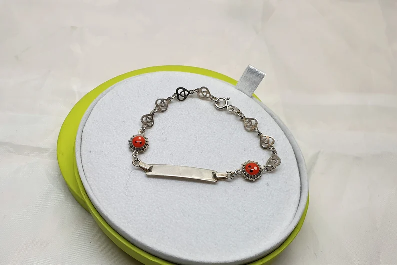 15 cm Kinder Armband Gliederarmband mit Gravurplatte Silber 925 Emaille Blume Gesicht Vintage SA445