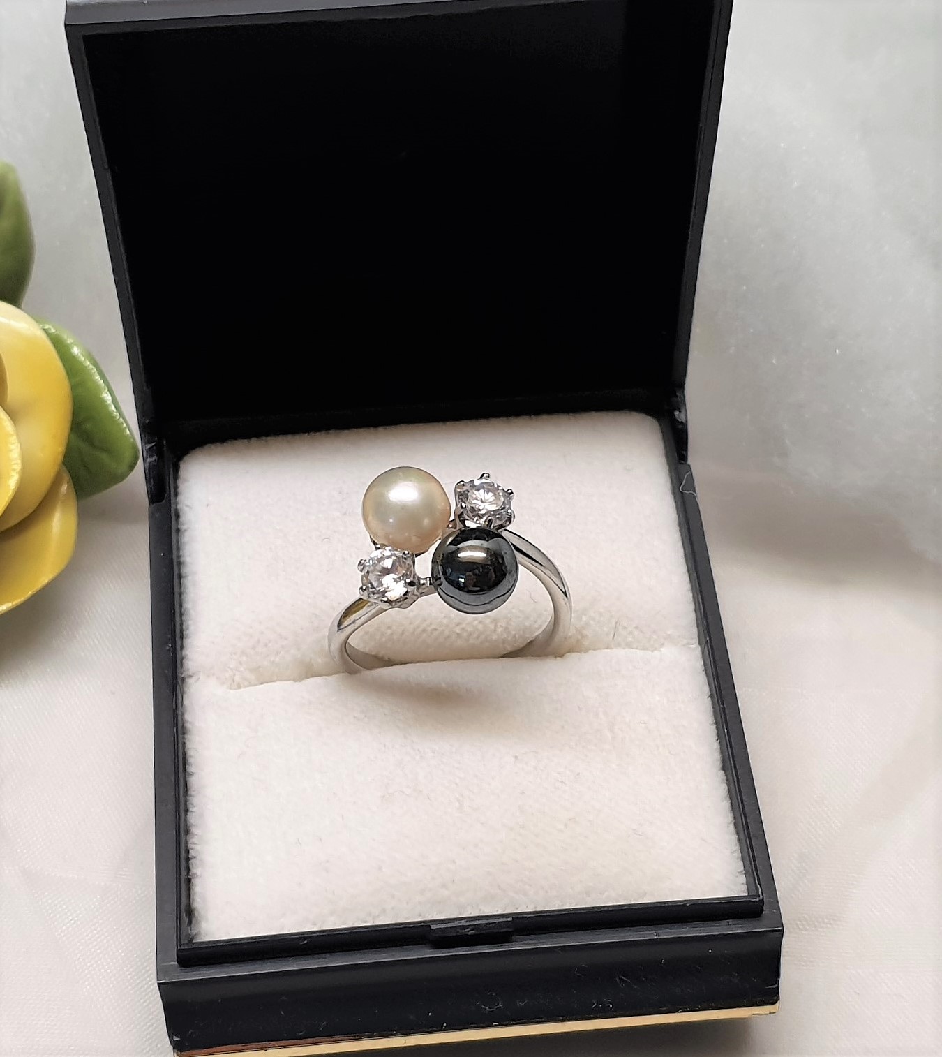 16,3 mm Ring Silberring Silber 925 Kristalle Perle weiß & grau Vintage edel SR1101