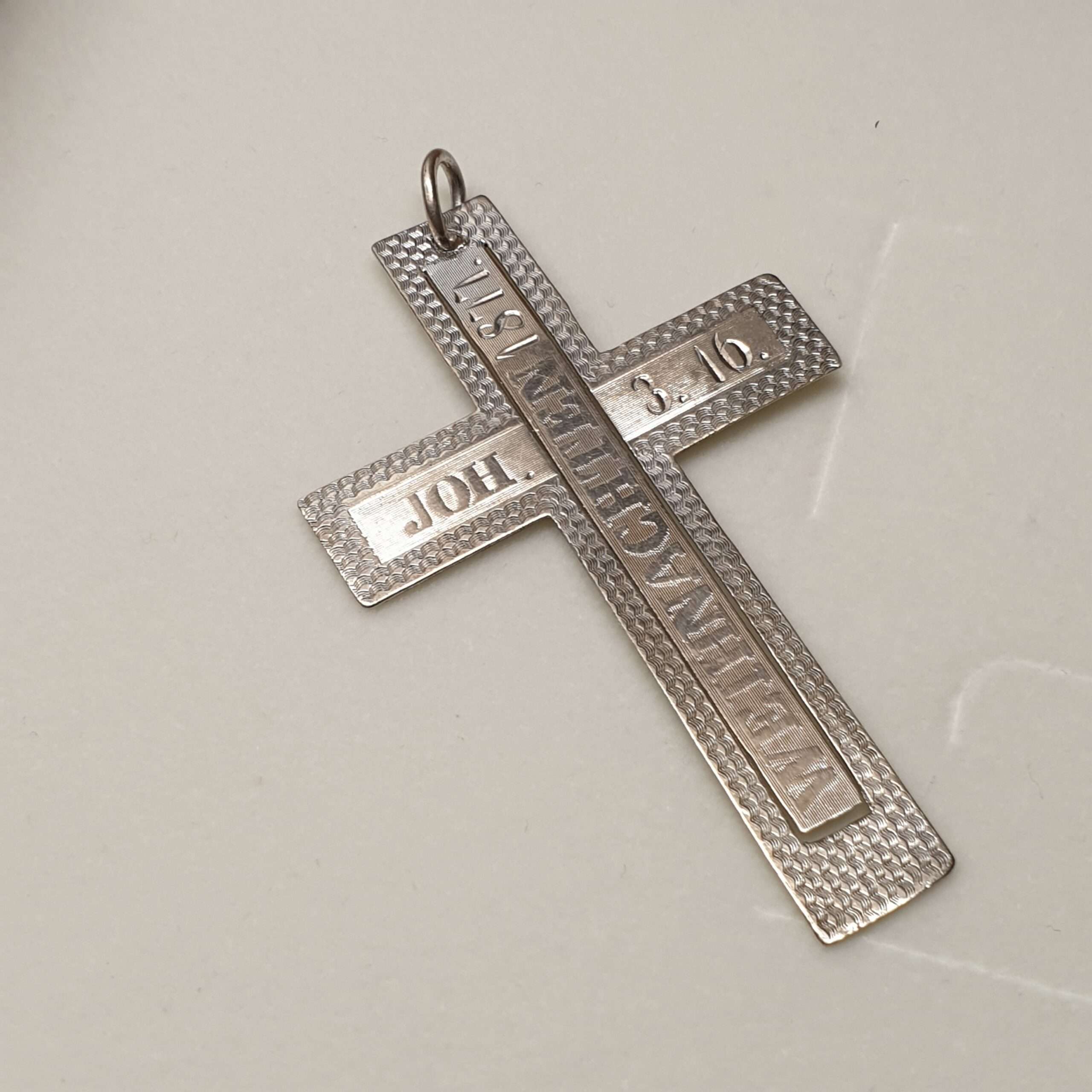 Anhänger Kreuz Weihnachten 1877 Joh. 3.16. antik Einzelstück Unikat Silberschmiede Kunst SKA1242