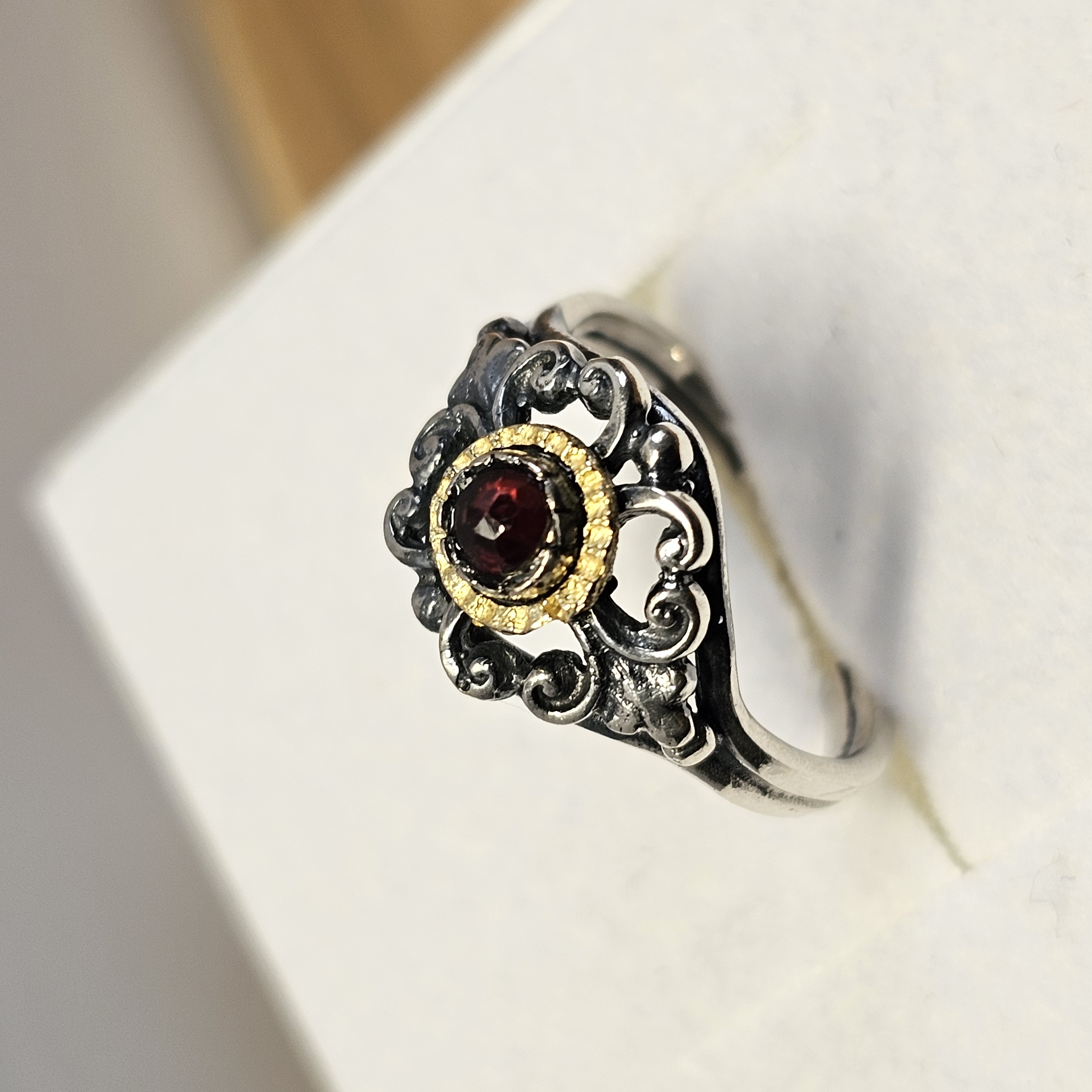 16,2 mm Nostalgischer Silberring Ring Silber 835 teilvergoldet Turmalin himbeerfarben Shabby Vintage kunstvoll selten rar SR1376