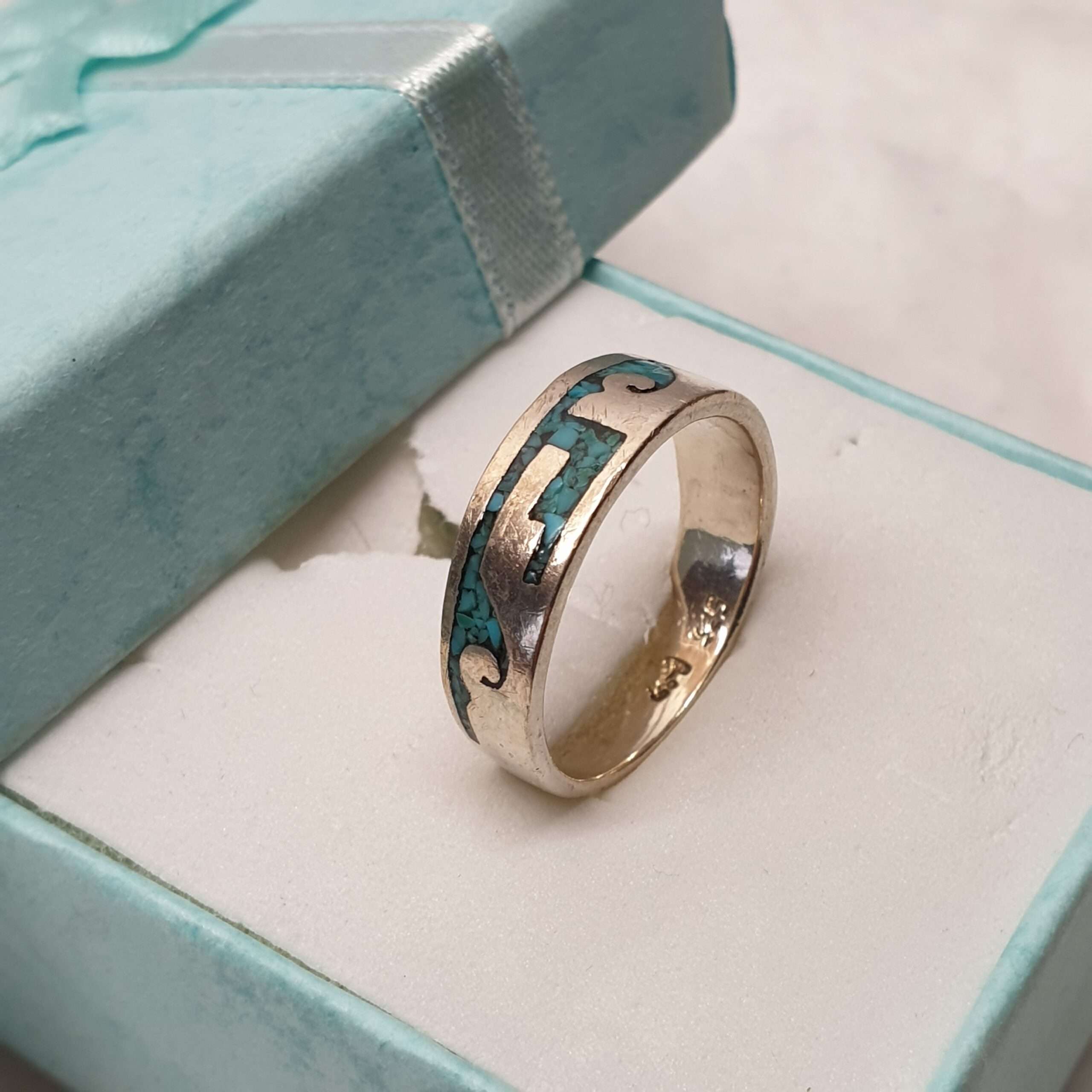 17,8 mm Bandring Ring Silber 925 Türkis Chips Einlage Vintage elegant SR1196