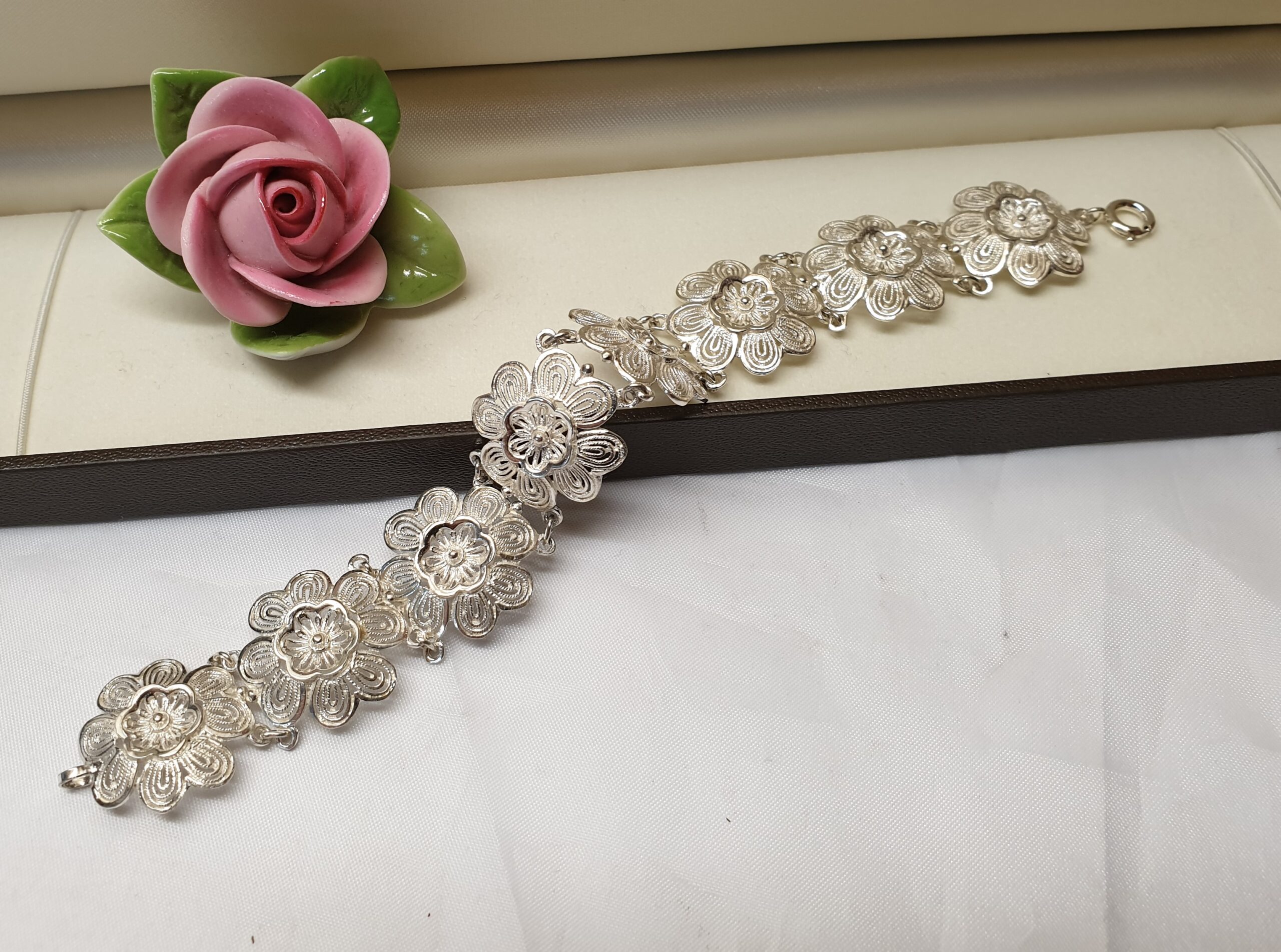 18 cm Armband Gliederarmband Blume floral filigran Silber 835 Shabby Vintage Art Deco SA122 – Bild 3