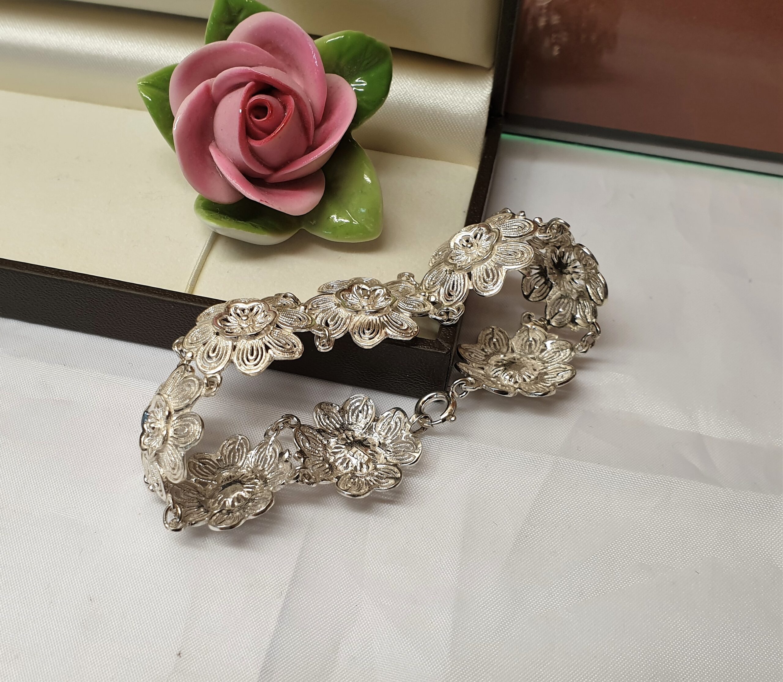 18 cm Armband Gliederarmband Blume floral filigran Silber 835 Shabby Vintage Art Deco SA122 – Bild 2