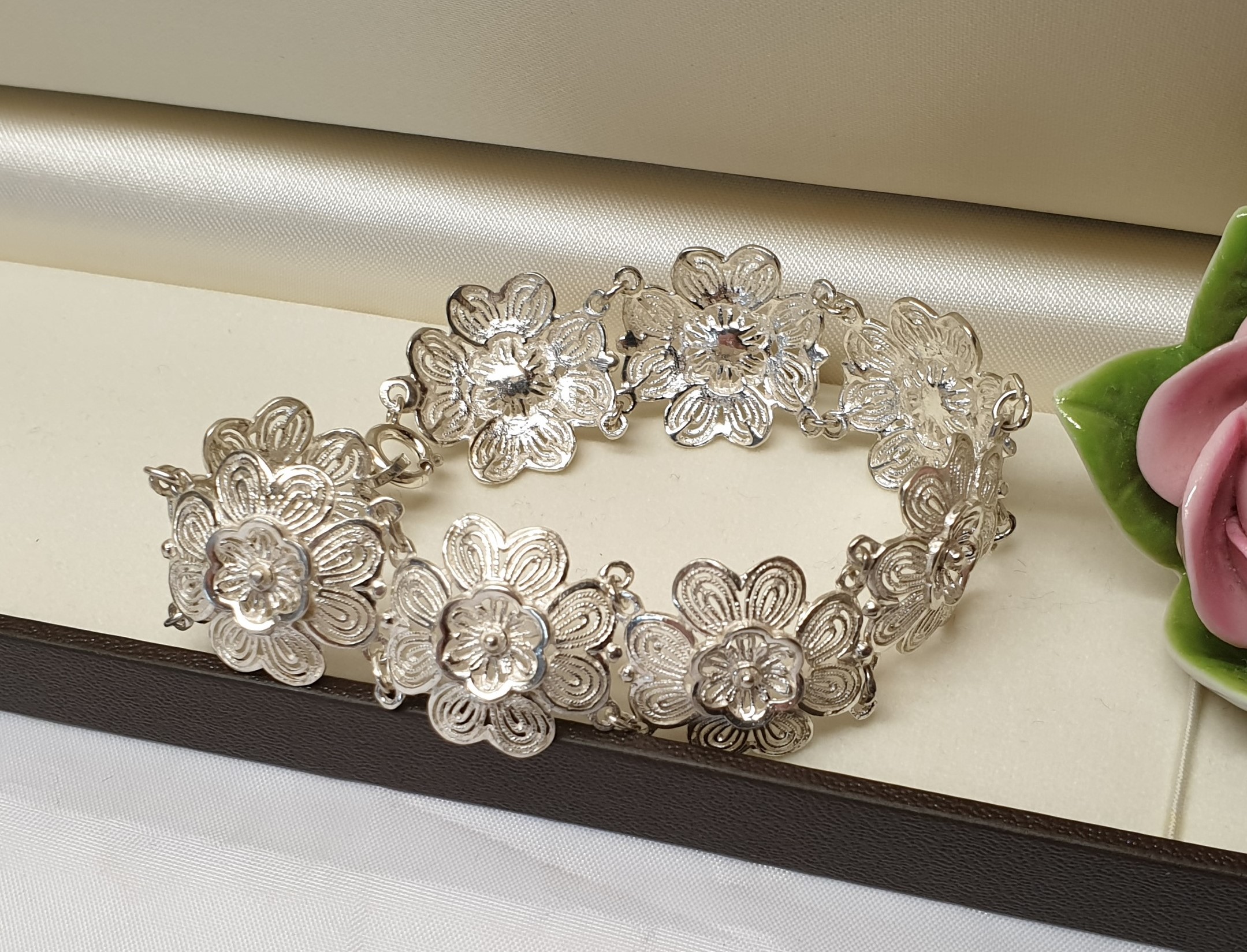 18 cm Armband Gliederarmband Blume floral filigran Silber 835 Shabby Vintage Art Deco SA122