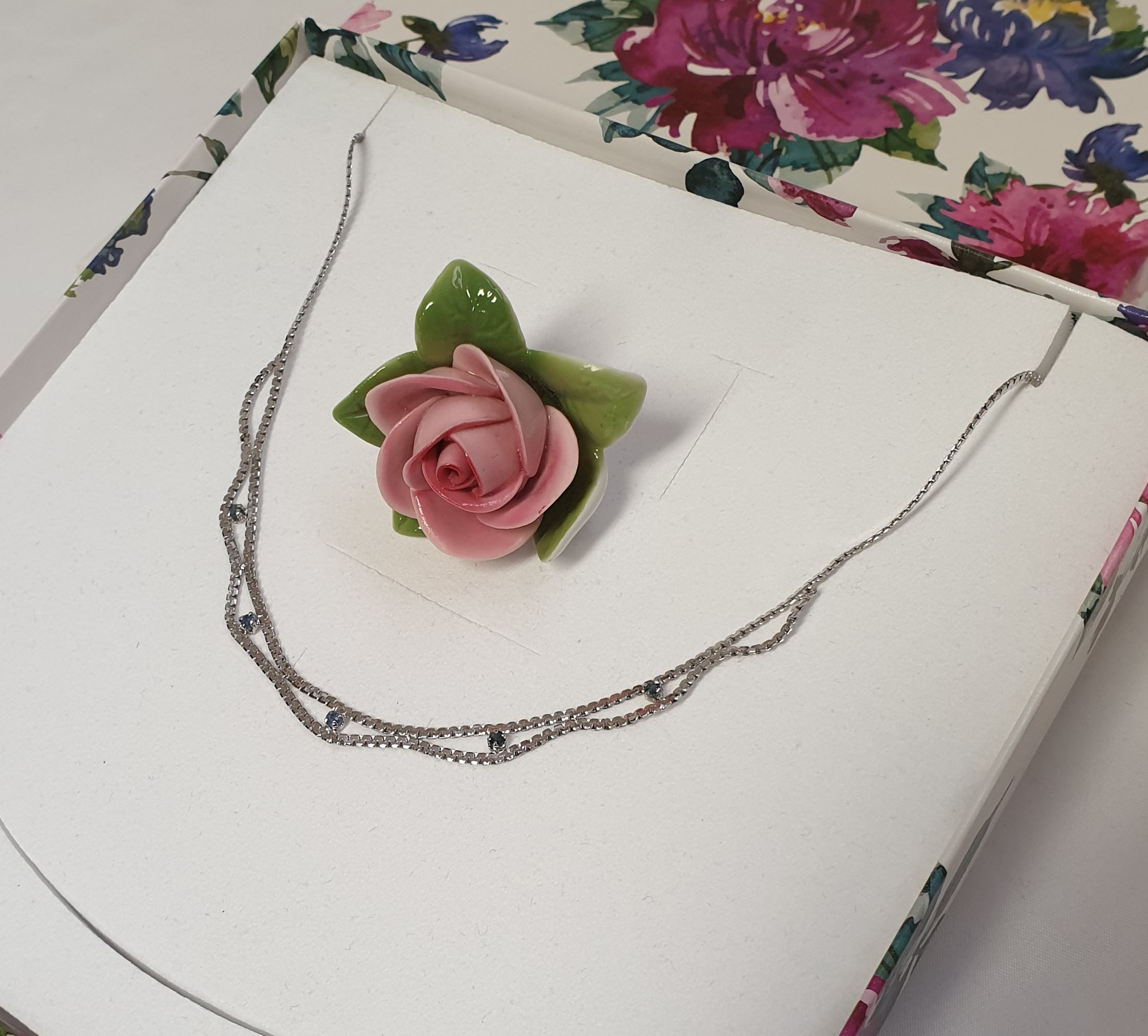 41 cm Halskette Kettchen fein Schlangenkette Collier Kette Silber 835 Saphire Kornblumenblau 50er Jahre edel Vintage SK1367