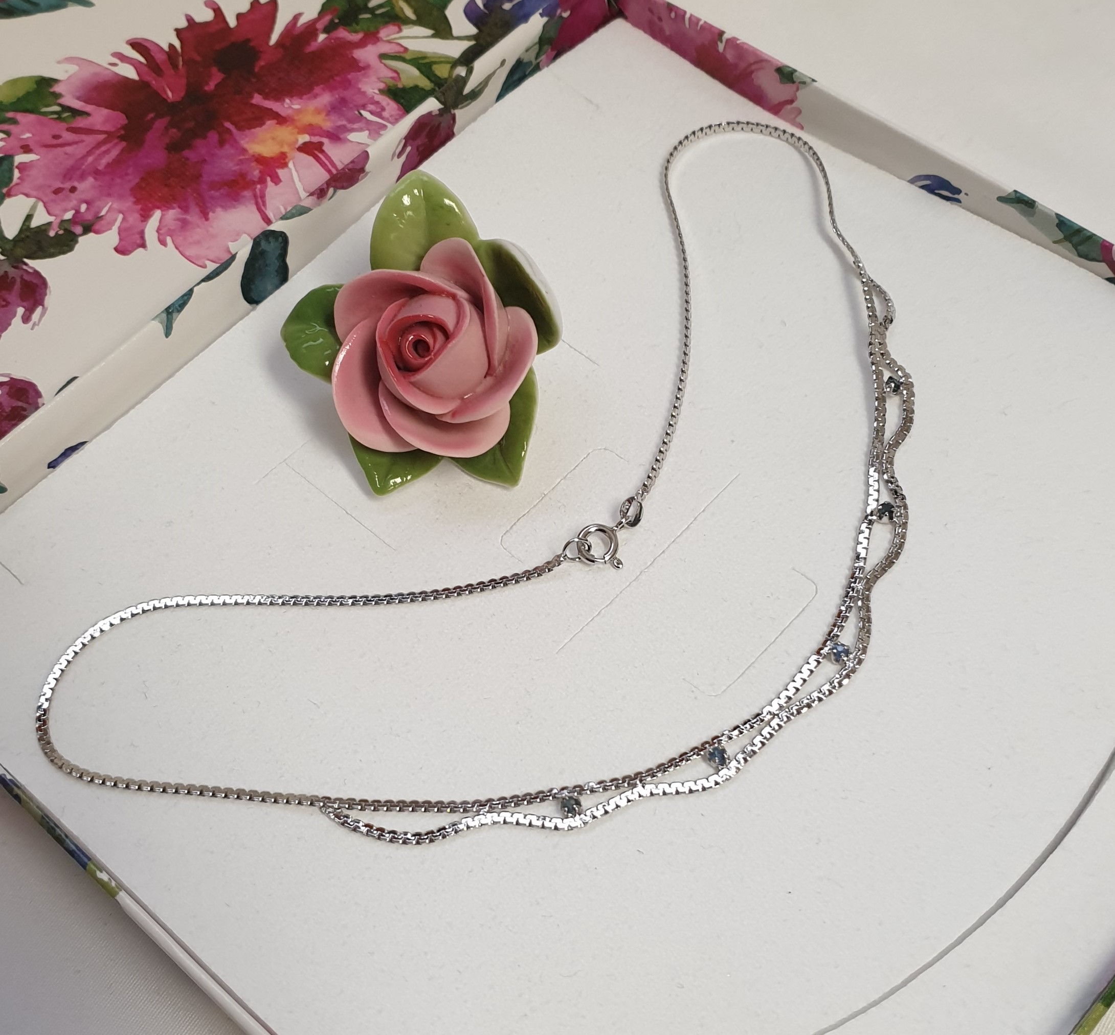 41 cm Halskette Kettchen fein Schlangenkette Collier Kette Silber 835 Saphire Kornblumenblau 50er Jahre edel Vintage SK1367 – Bild 3