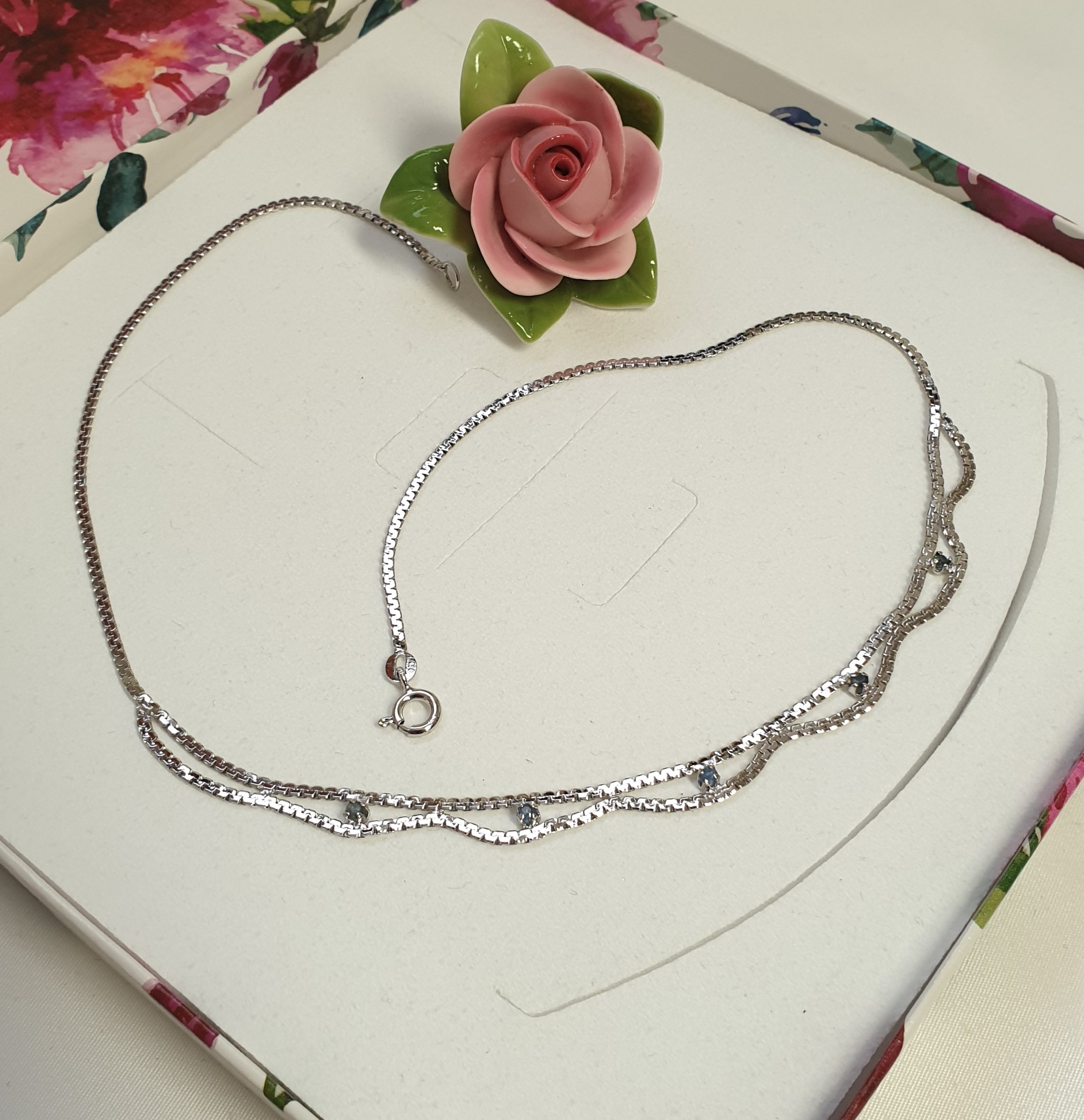 41 cm Halskette Kettchen fein Schlangenkette Collier Kette Silber 835 Saphire Kornblumenblau 50er Jahre edel Vintage SK1367 – Bild 2