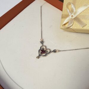 50,5 cm Traumhaftes Collier Kette Halskette Silber 925 Markasiten Perlchen Kristalle himbeerfarben Shabby Style Vintage Nostalgie Blume floral elegant SK1391