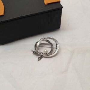 Elegante Brosche Anstecknadel Silber 835 Perle & Markasiten Vintage SB354